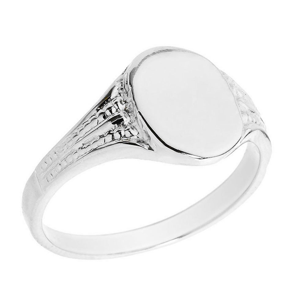 10k White Gold Textured Engravable Oval Signet Ring for Men & Women - Size 9 - Perfect for Weddings, Anniversaries & Personalized Gifts