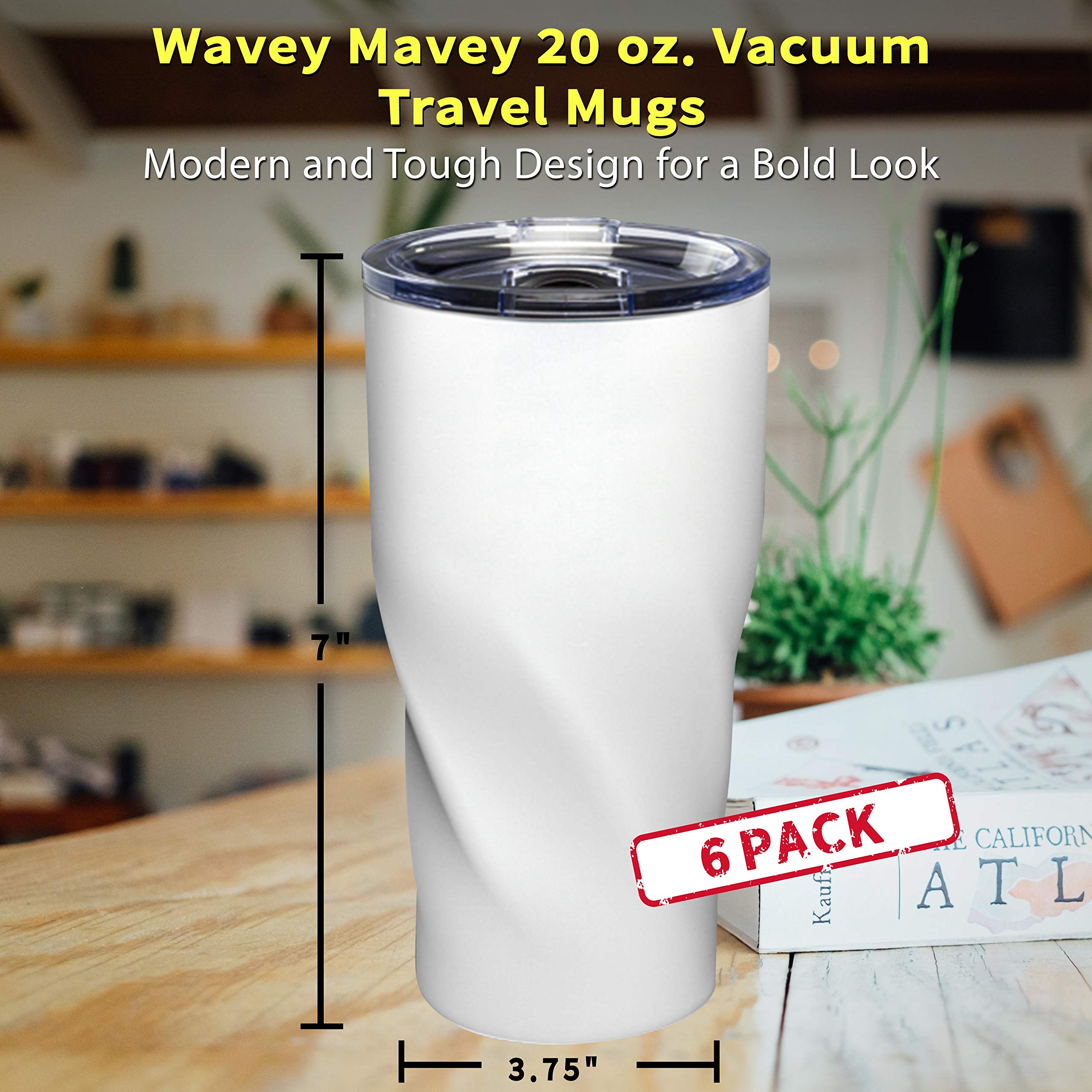 Wavey Mavey 20 oz Vacuum Insulated Travel Mugs - 6 Pack White - Stainless Steel Coffee Tumblers with Lid - Perfect for Office, Commuting & Outdoor Activities