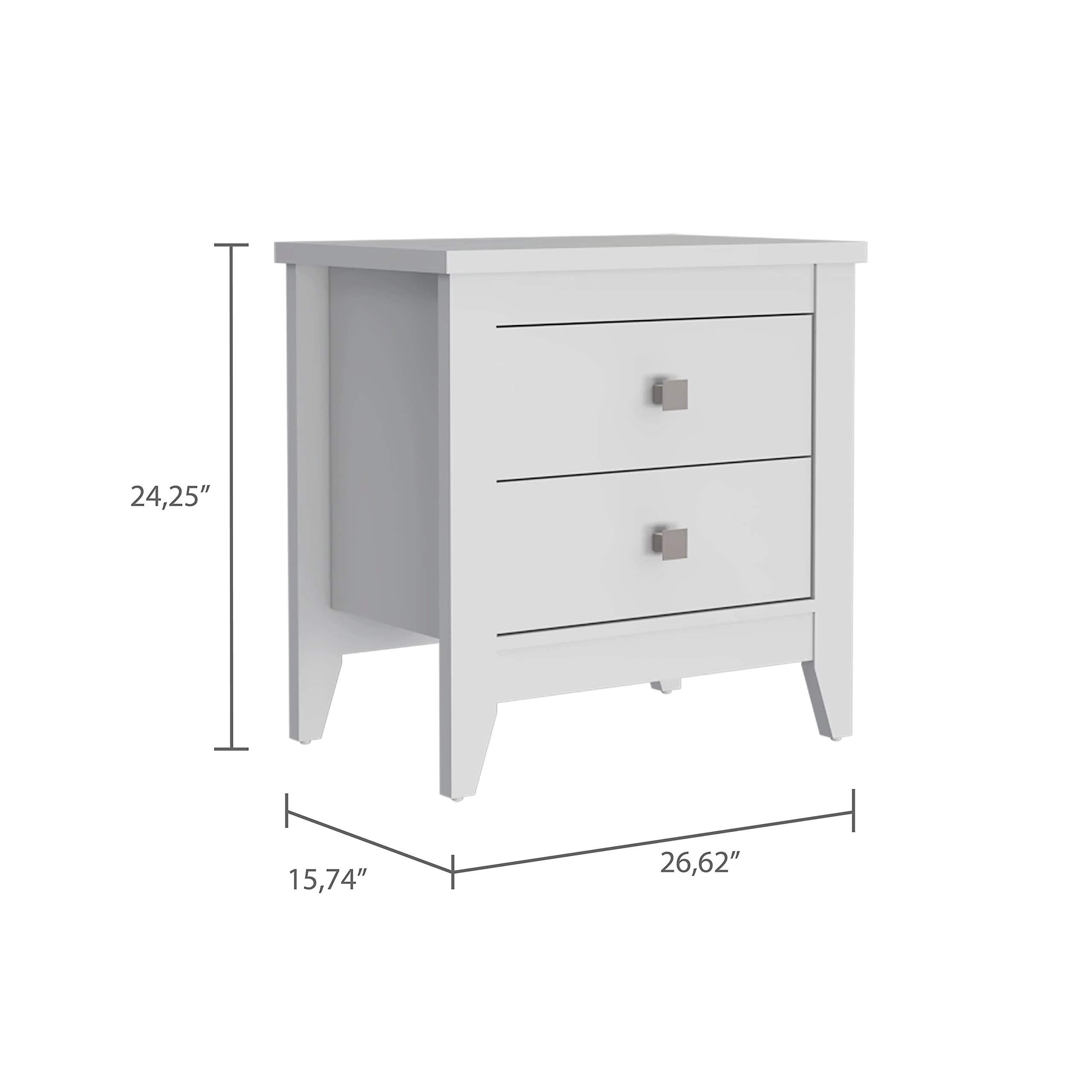 Modern White Nightstand with Two Drawers - 4-Legged Bedside Table for Bedroom, Living Room & Office - Sturdy Storage End Table with Smooth Gliding Drawers