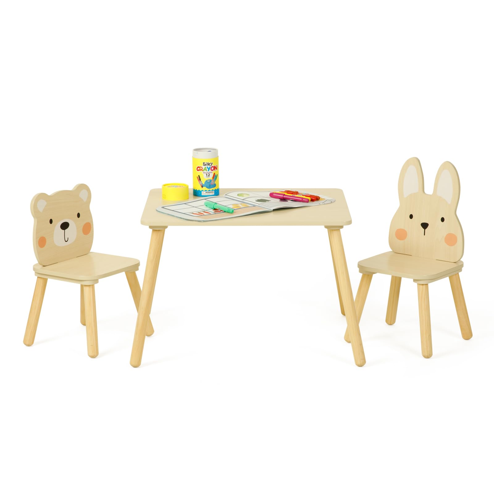 OOOK Wooden Kids Table and Chair Set - Waterproof Toddler Table with 2 Adorable Animal Chairs for Playroom, Preschool, and Home Learning Activities