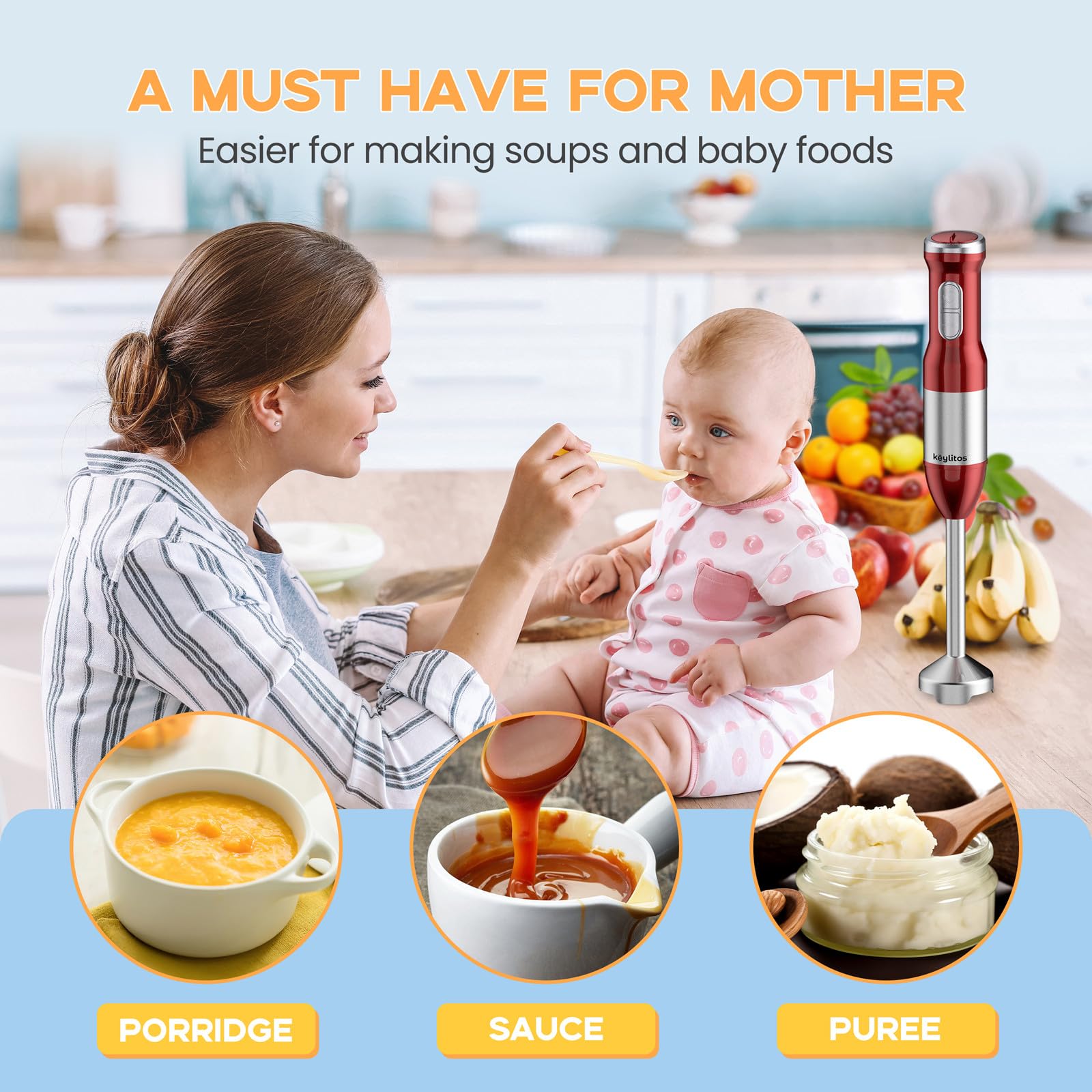 Keylitos 5-in-1 Immersion Hand Blender Mixer - 1000W Powerful Stick Blender with 600ML Food Chopper, 800ML Mixing Beaker, Whisk & Milk Frother - Perfect for Smoothies, Baby Food, Sauces, Purees & Soups - Ideal for Kitchen, Home Cooking & Meal Prep (Red)