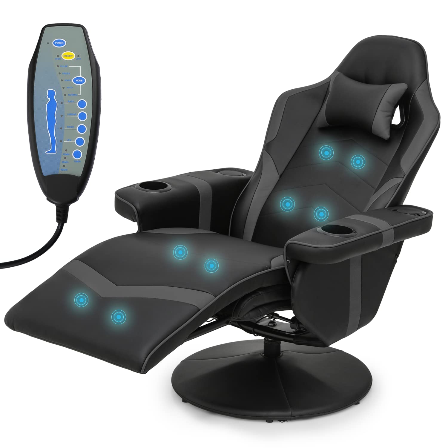 MoNiBloom Ergonomic Massage Gaming Recliner Chair - High Back PU Leather Video Game Chair with Neck Support, Footrest, Speakers & Cup Holders - Swivel Game Sofa for Home Theater, Living Room & Gaming Setup (Grey)