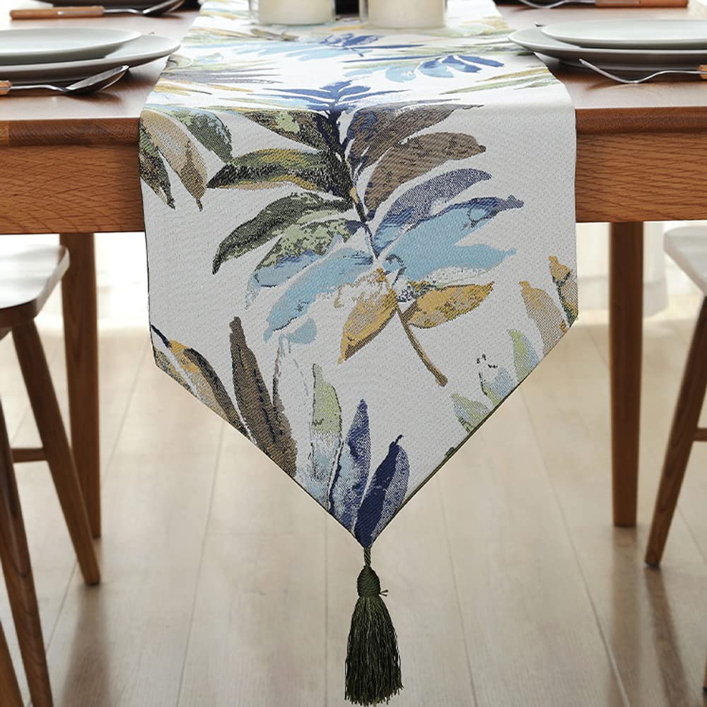 94.5 Inch Spring Summer Table Runner - Jacquard Leaf Print Farmhouse Style Coffee Table Scarf for Dining Room, Kitchen, and Home Decor