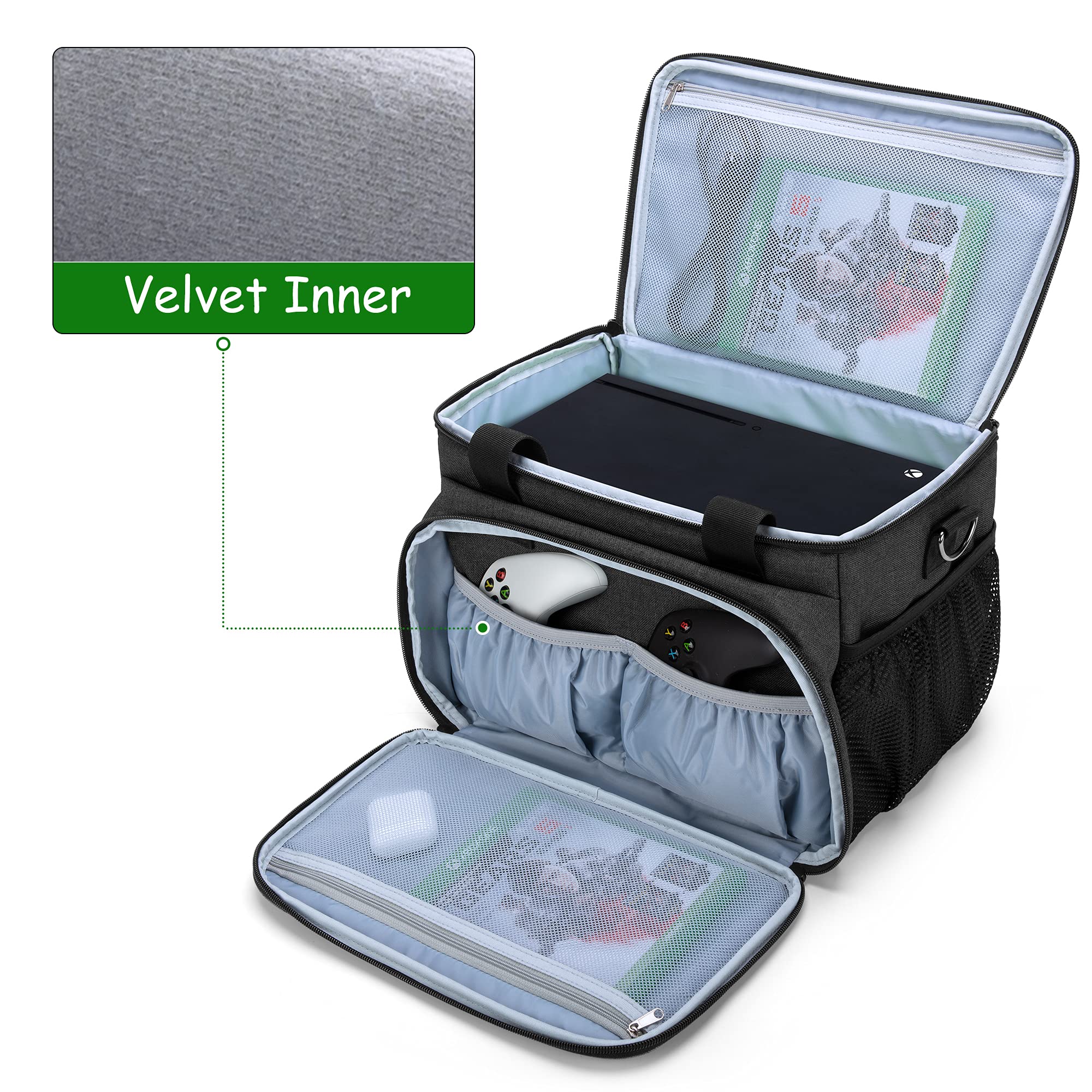 CURMIO Travel Storage Bag for Xbox Series X & PlayStation Console - Portable Carrying Case for Controllers, Cables, Headsets & Accessories (Black) - Perfect for Gaming Travel, Storage & Organization