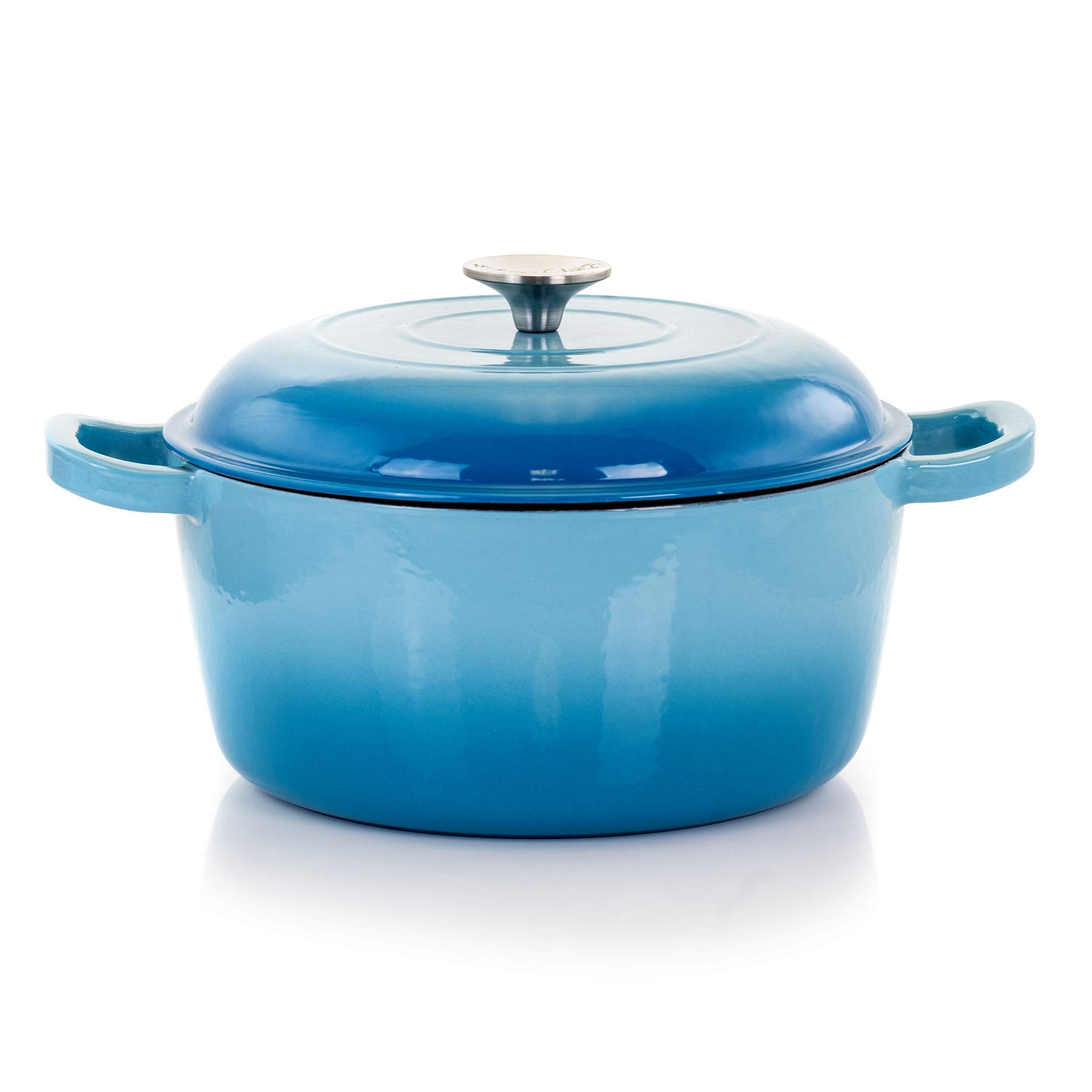 MegaChef 5 Quart Round Enamel Cast Iron Dutch Oven with Lid - Blue Casserole Pot for Baking, Braising & Slow Cooking - Perfect for Soups, Stews & Family Dinners