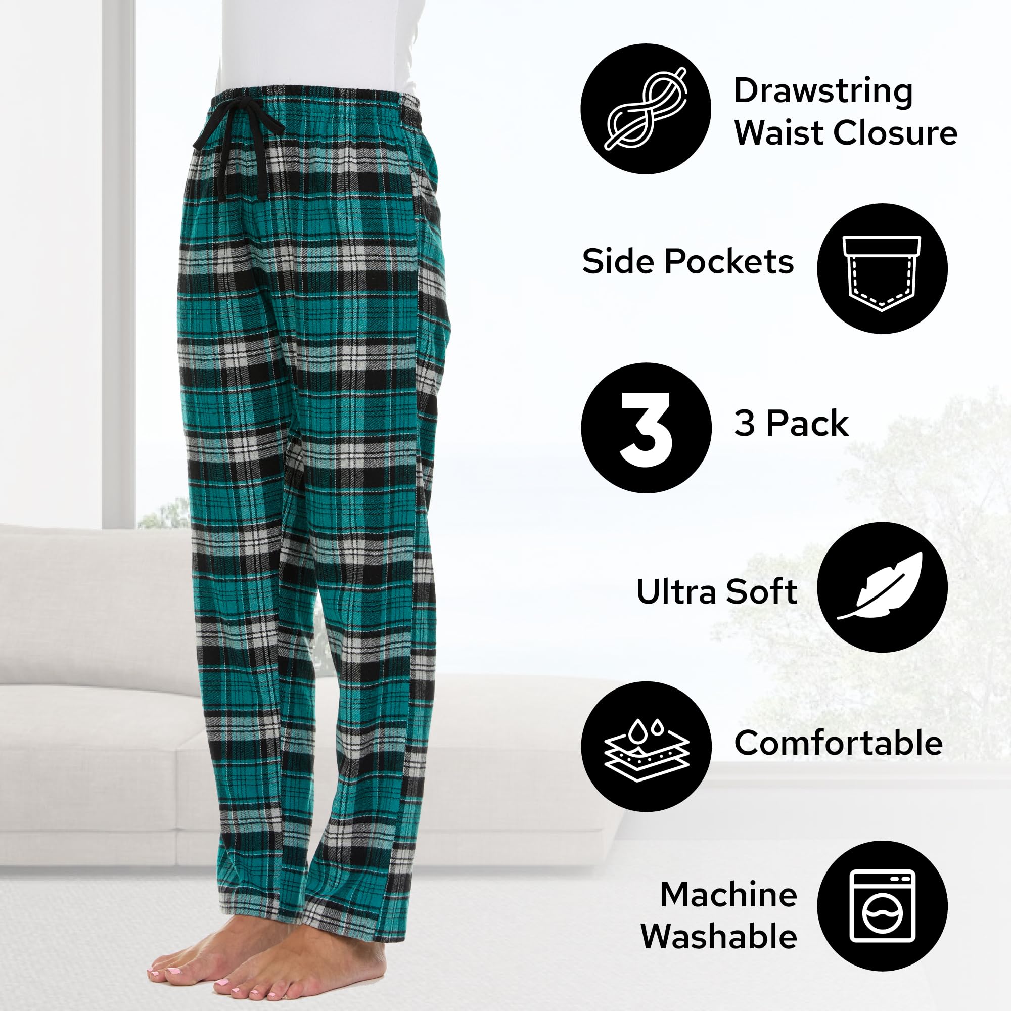 Women's Flannel Plaid Pajama Pants - 3 Pack Soft Cotton Blend Lounge Pants for Sleeping, Relaxing & Home Comfort - Cozy Winter Sleepwear for Women