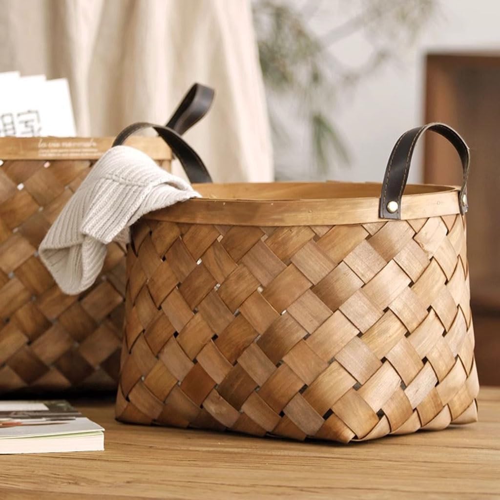 Round Woven Storage Basket with Leather Handle - Open Design Organizer for Shelves, Living Room, Nursery & Bathroom - Small Felt Basket for Home Decor & Countertop Storage