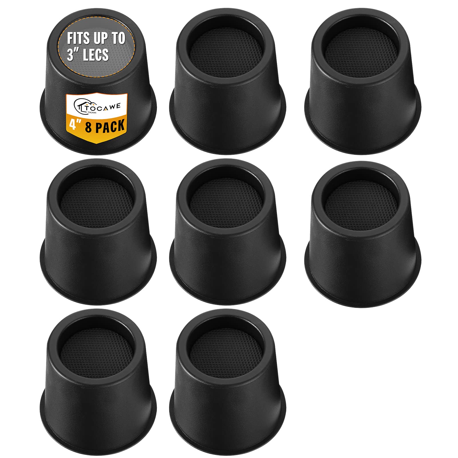 Tocawe 4 Inch Heavy Duty Bed Risers - 3000 LBS Capacity Bed Elevators for Home, Dorm & College (Set of 8, Black) - Perfect for Lifting Beds, Sofas & Furniture to Create Extra Storage Space Underneath
