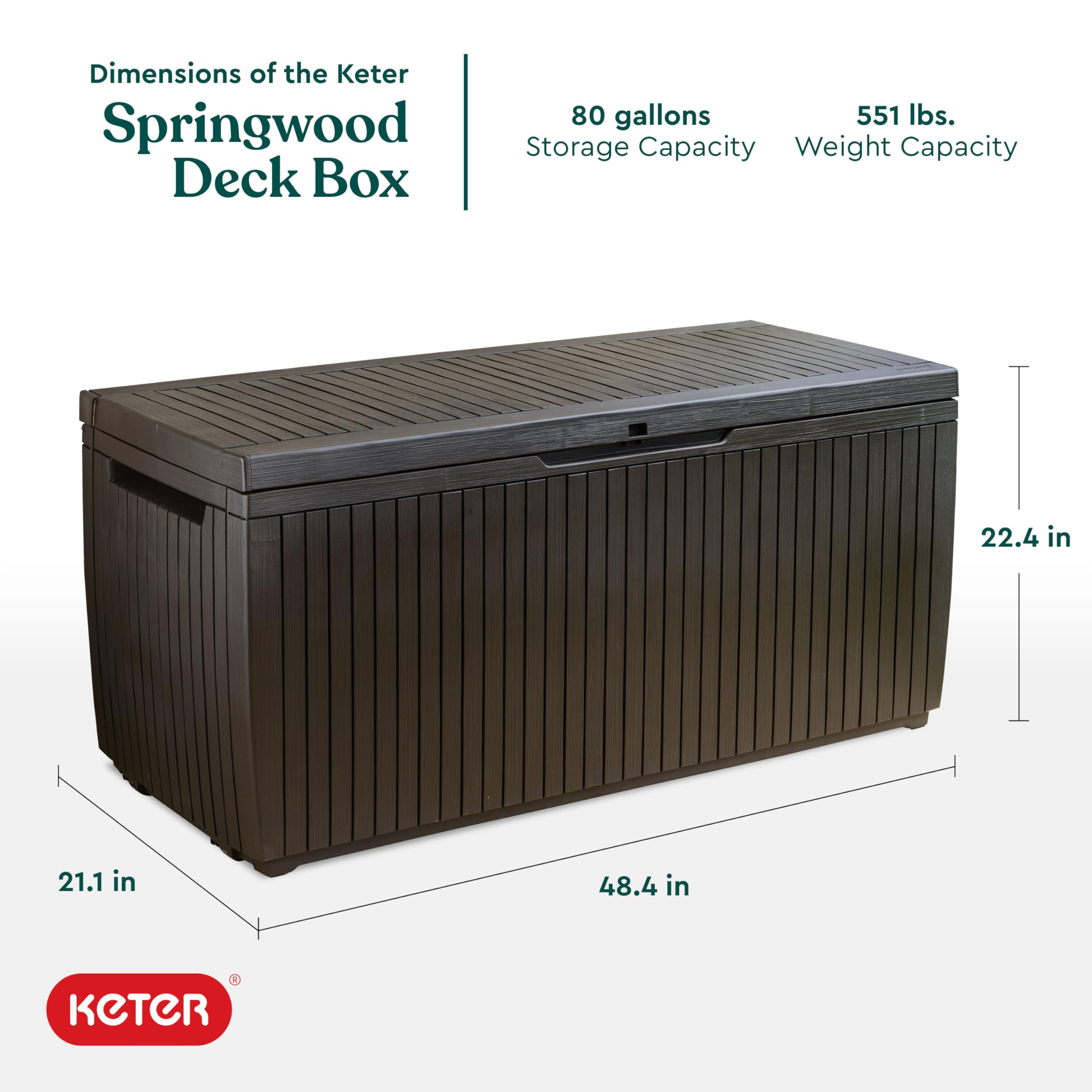 Keter Springwood 80 Gallon Resin Outdoor Storage Box - Weatherproof Deck Box for Patio Furniture Cushions, Garden Tools & Pool Accessories with Easy-Grip Handles, Brown - Perfect for Backyard, Deck & Poolside Organization