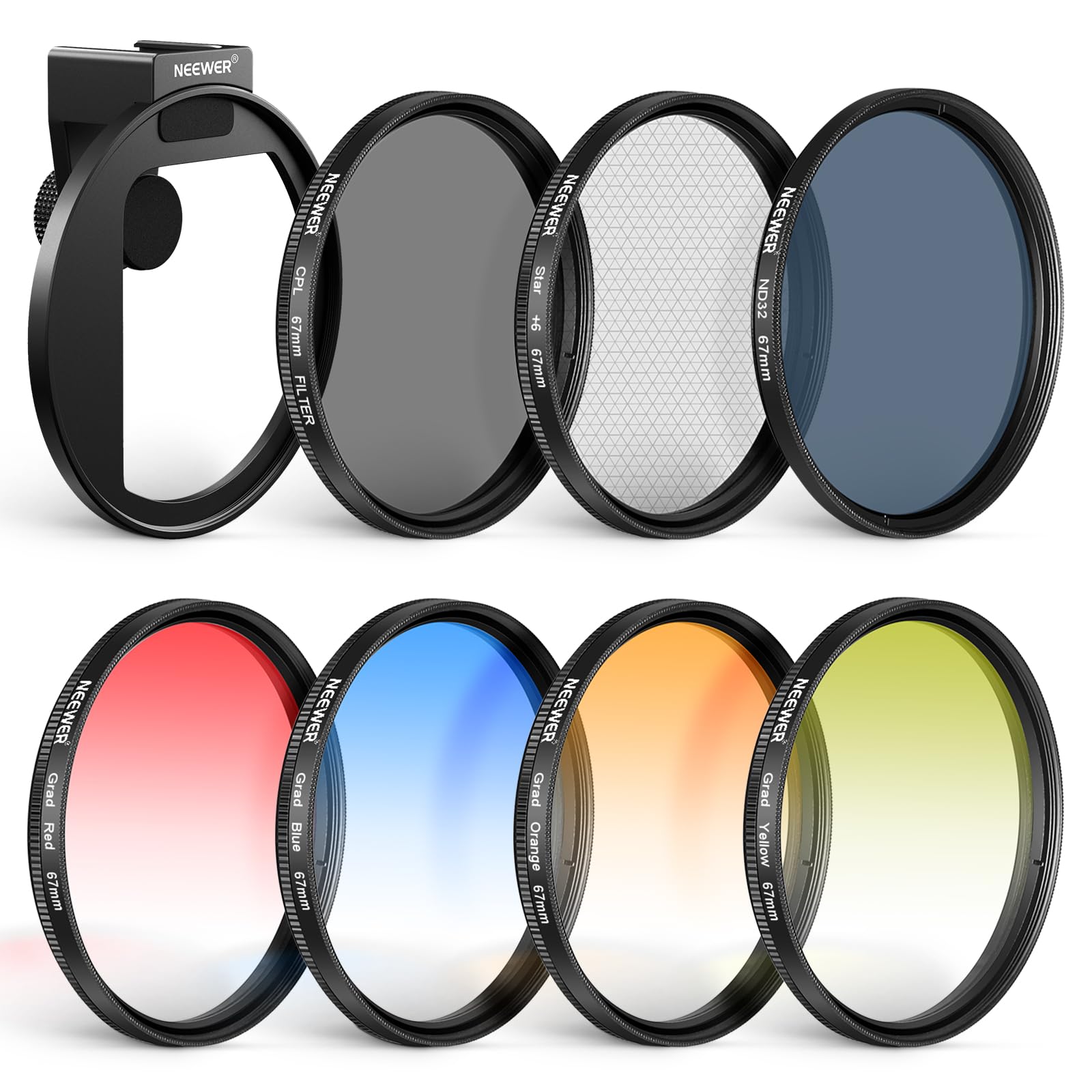 NEEWER 67mm Clip-On Phone ND Filter Kit with CPL, ND32, 6-Point Star & 4 Graduated Color Filters - Compatible with iPhone 16/15 Pro Max/Plus/14/13 & Samsung S23/S24 - Perfect for Mobile Photography, Vlogging & Outdoor Shooting