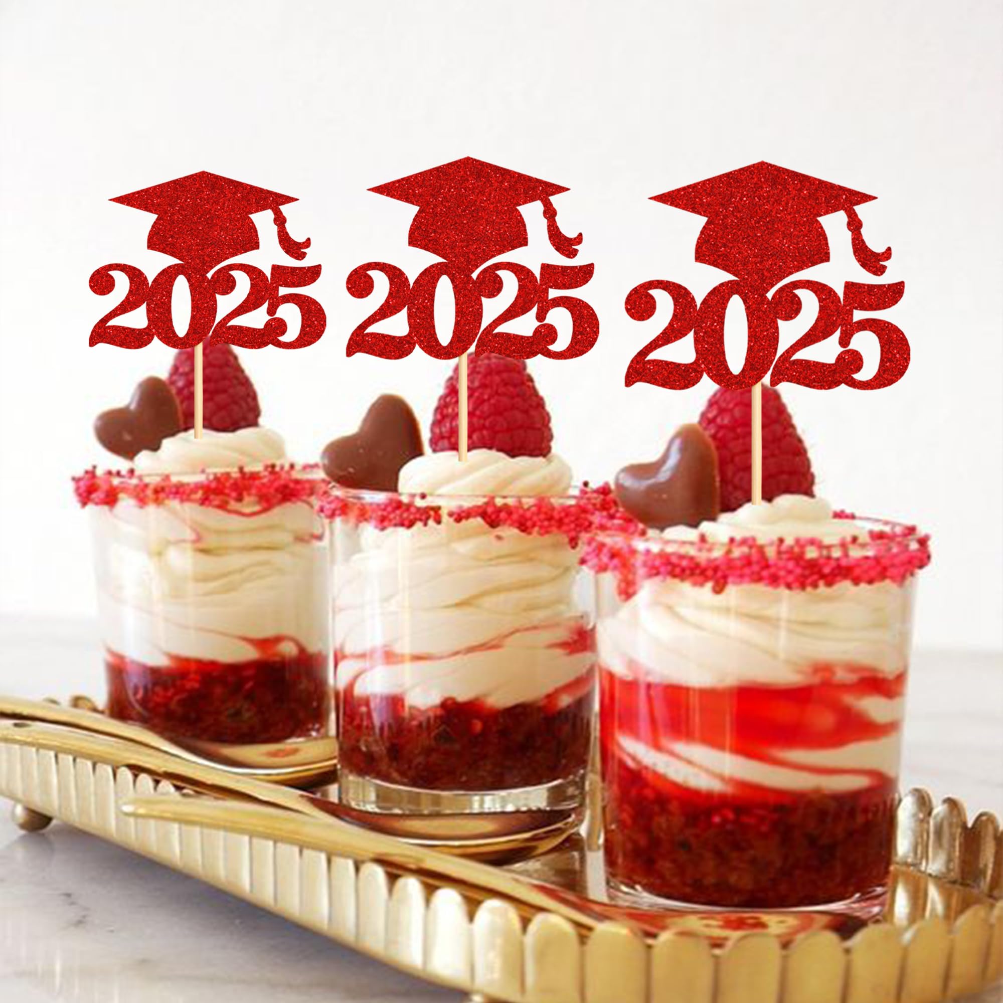 36 Pack 2025 Graduation Cap Cupcake Toppers - Glitter Class of 2025 Decorations for Graduation Party Supplies (Red) - Perfect for Graduation Cakes, Cupcakes, and Dessert Table Decor
