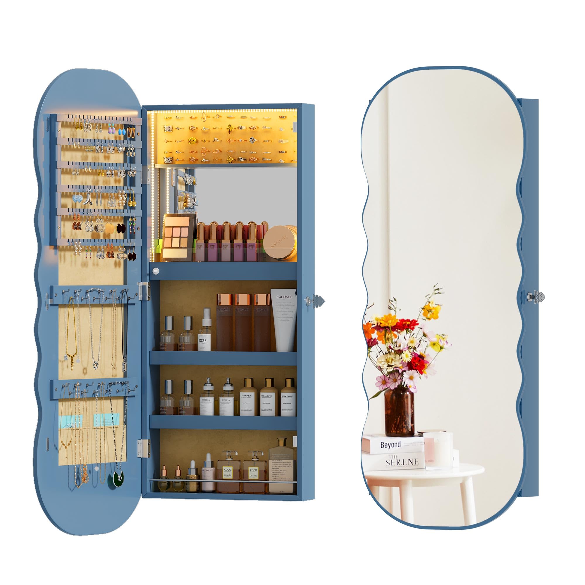 Lvifur Jewelry Armoire with LED Lights - Lockable Hanging Jewelry Storage Cabinet with Wavy Mirror, Wall/Door Mounted Jewelry Organizer for Bedroom & Closet (Blue) - Perfect for Organizing Necklaces, Rings & Earrings