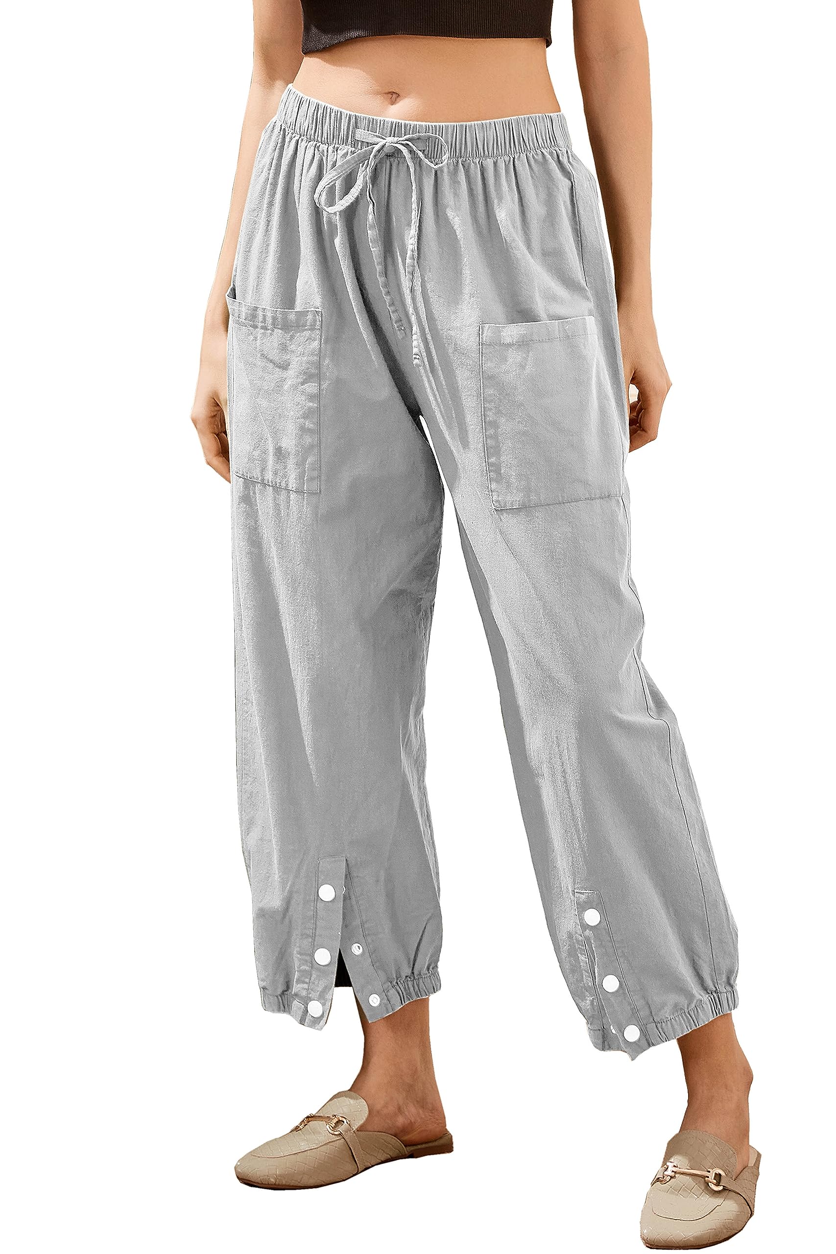 Women's Cropped Drawstring Waist Wide Leg Loose Cotton Linen Capri Pants - Comfortable Summer Casual Pants for Beach, Travel and Everyday Wear