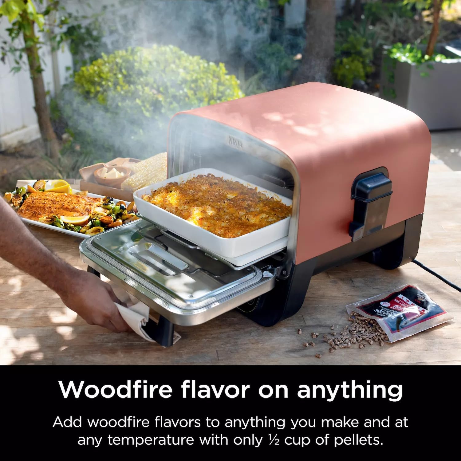 Ninja Woodfire Outdoor Pizza Oven - 8-in-1 Portable Electric Roaster & BBQ Smoker with 700°F Heating, 5 Artisan Pizza Settings, Includes Flavored Wood Pellets (Pine Green, Renewed) - Perfect for Backyard Parties, Camping & Outdoor Cooking