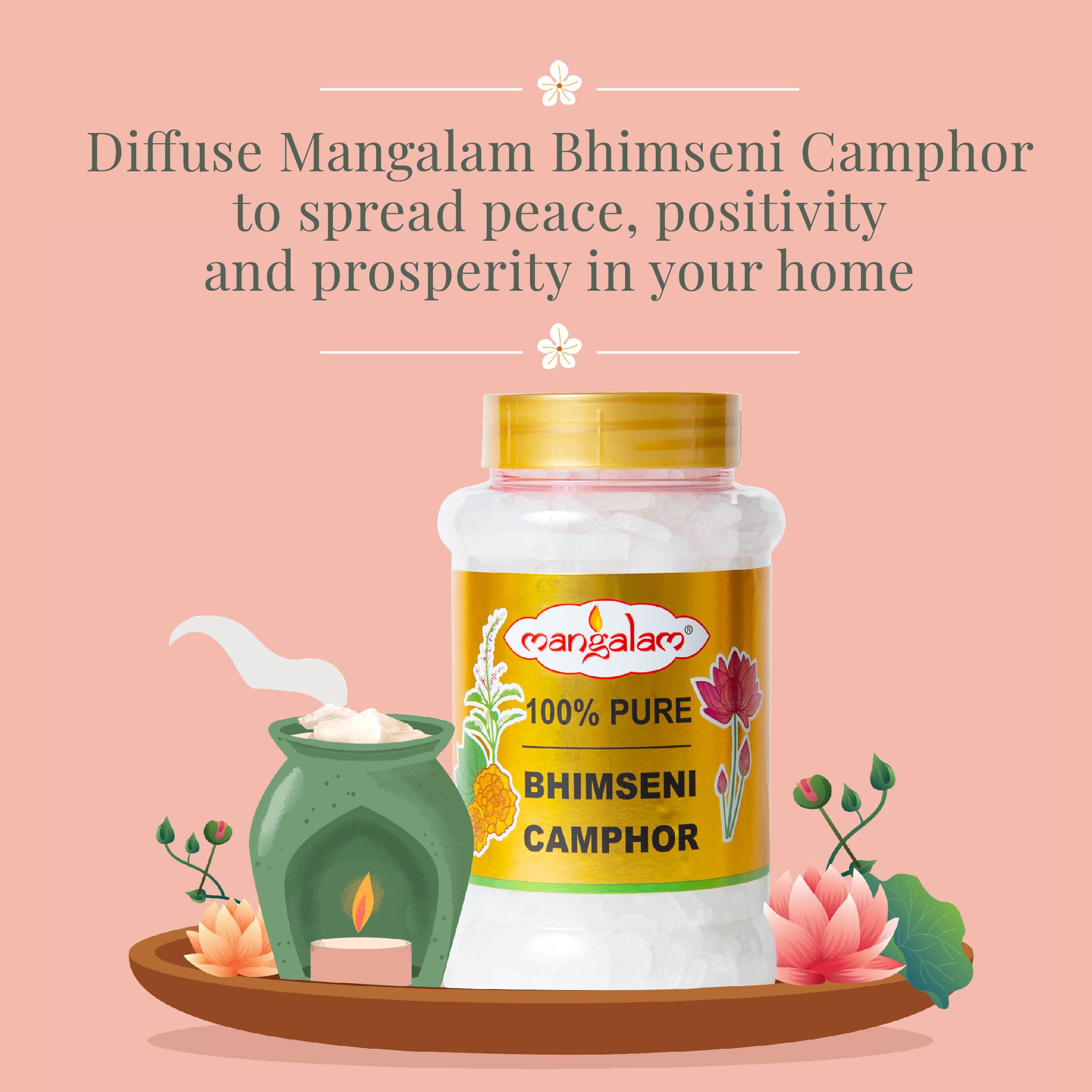 100% Pure MANGALAM Bhimseni (Original) Natural Camphor 250g Jar - Pack of 1 | Premium Quality for Puja, Aromatherapy, Meditation & Home Fragrance | Long-Lasting Sweet Scent for Spiritual Ceremonies, Yoga Rooms & Closet Freshener