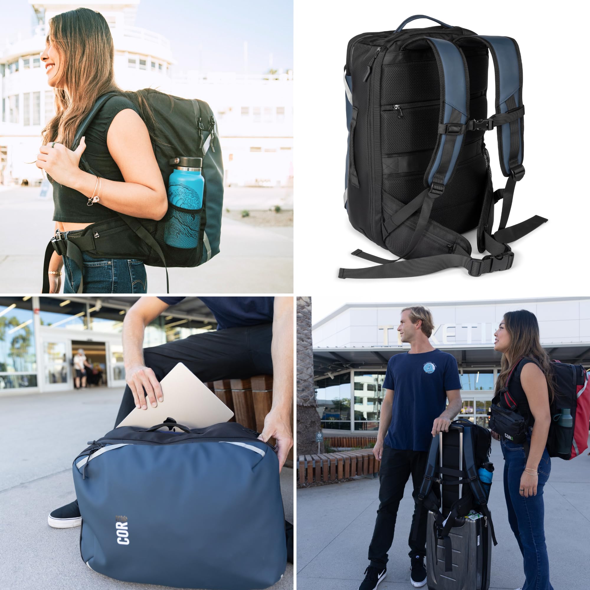 **COR Surf Travel Backpack 40L - Waterproof Carry-On Laptop Backpack with Secret Passport Pockets for Men & Women | Business Weekender & Daypack for Air Travel, Commuting & Outdoor Adventures | The Island Hopper (Black)**