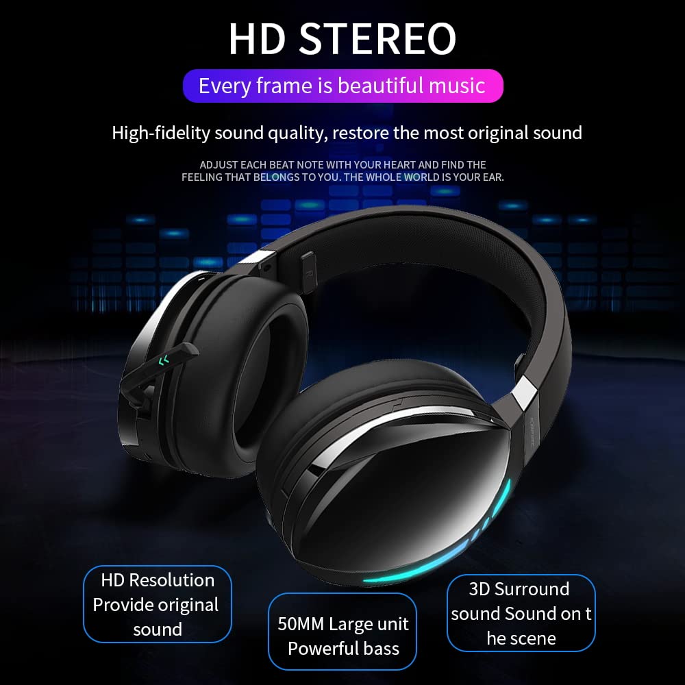 SLuB Gaming Headset with 3.5mm Wired & Bluetooth 5.0, Foldable Over-Ear Headphones with Surround Sound, Noise-Cancelling Mic, RGB LED Lights for PC, PS5, PS4 - Perfect for Gaming, Streaming & Online Classes