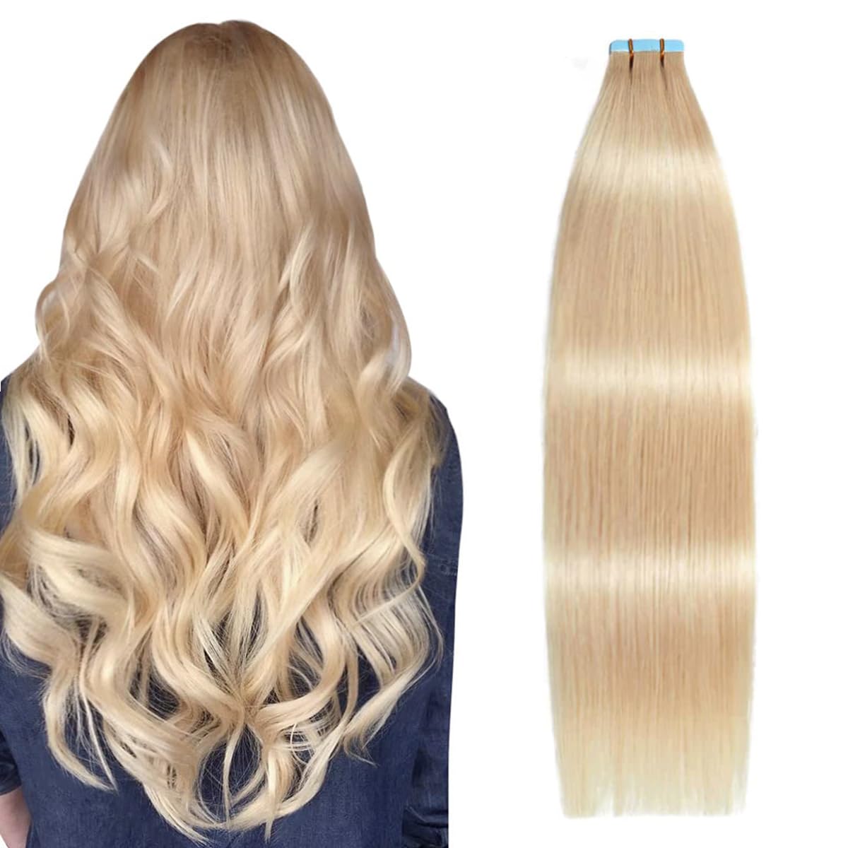 SUYYA 100% Remy Human Hair Tape in Extensions - 18 Inch Ash Blonde Straight Seamless Skin Weft (20pcs 50g/pack) for Daily Styling, Parties & Special Occasions