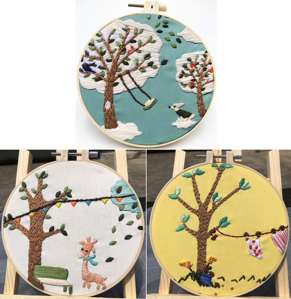 Abillyn 3 Pack Tree Embroidery Starter Kit - Cross Stitch Kits with Printed Patterns & Pre-Stamped Fabric for Beginners (Perfect for DIY Home Decor, Gifts & Craft Projects)