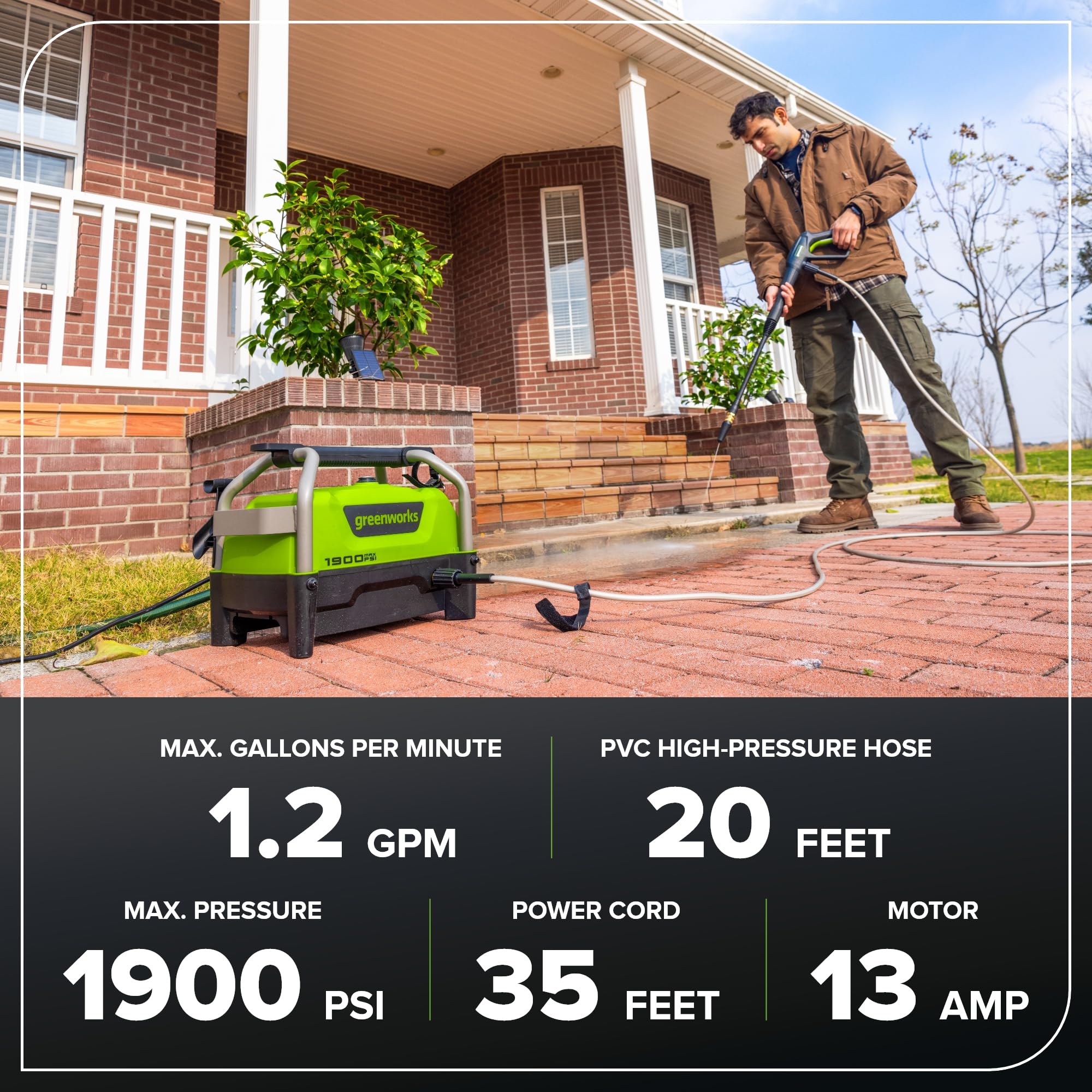 Greenworks 1900 PSI Electric Pressure Washer - 1.2 GPM, 13 Amp, Portable Power Cleaner for Cars, Driveways, Patios & Outdoor Cleaning (SGS Certified) | Ideal for Home, Garage, RV & Pool Area Maintenance