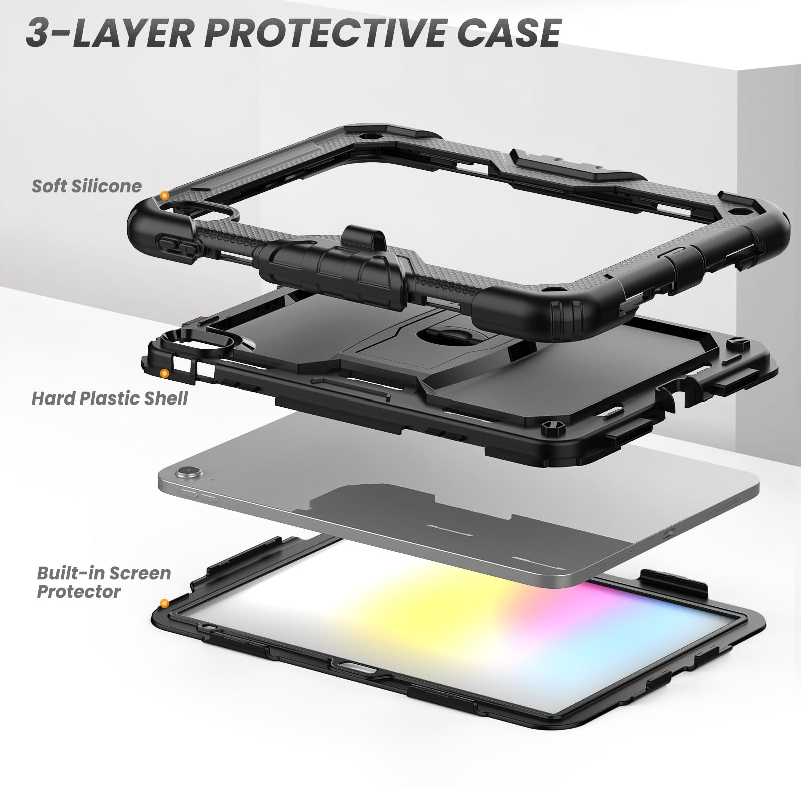 HXCASEAC iPad Case for 11th/10th Generation (2025/2022) 10.9-11 inch - Shockproof Protective Cover with Screen Protector, Pencil Holder & Foldable Stand - Compatible with iPad A2696/A2757/A3354 - Black - Perfect for Work, School & Travel