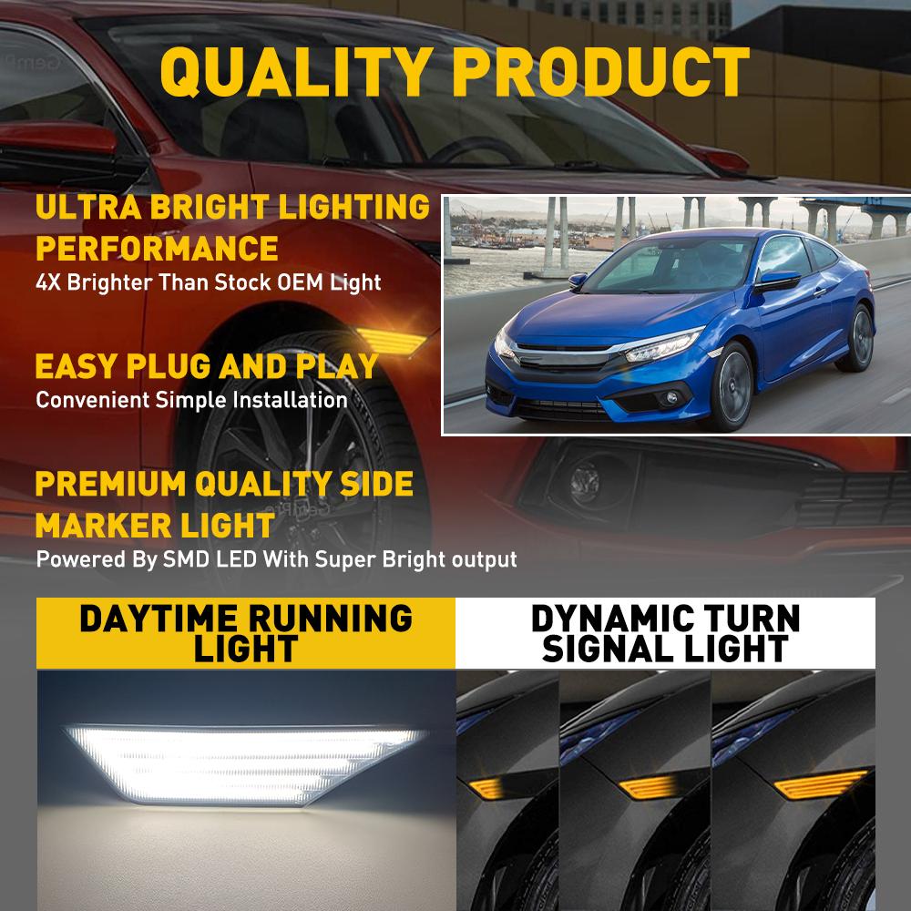 Smoke LED Side Marker Lights Switchback for 2016-2021 Honda Civic - DRL Turn Signal Lights, Easy Installation, Waterproof - Upgrade Your Car's Style & Safety for Night Driving and Daily Commute