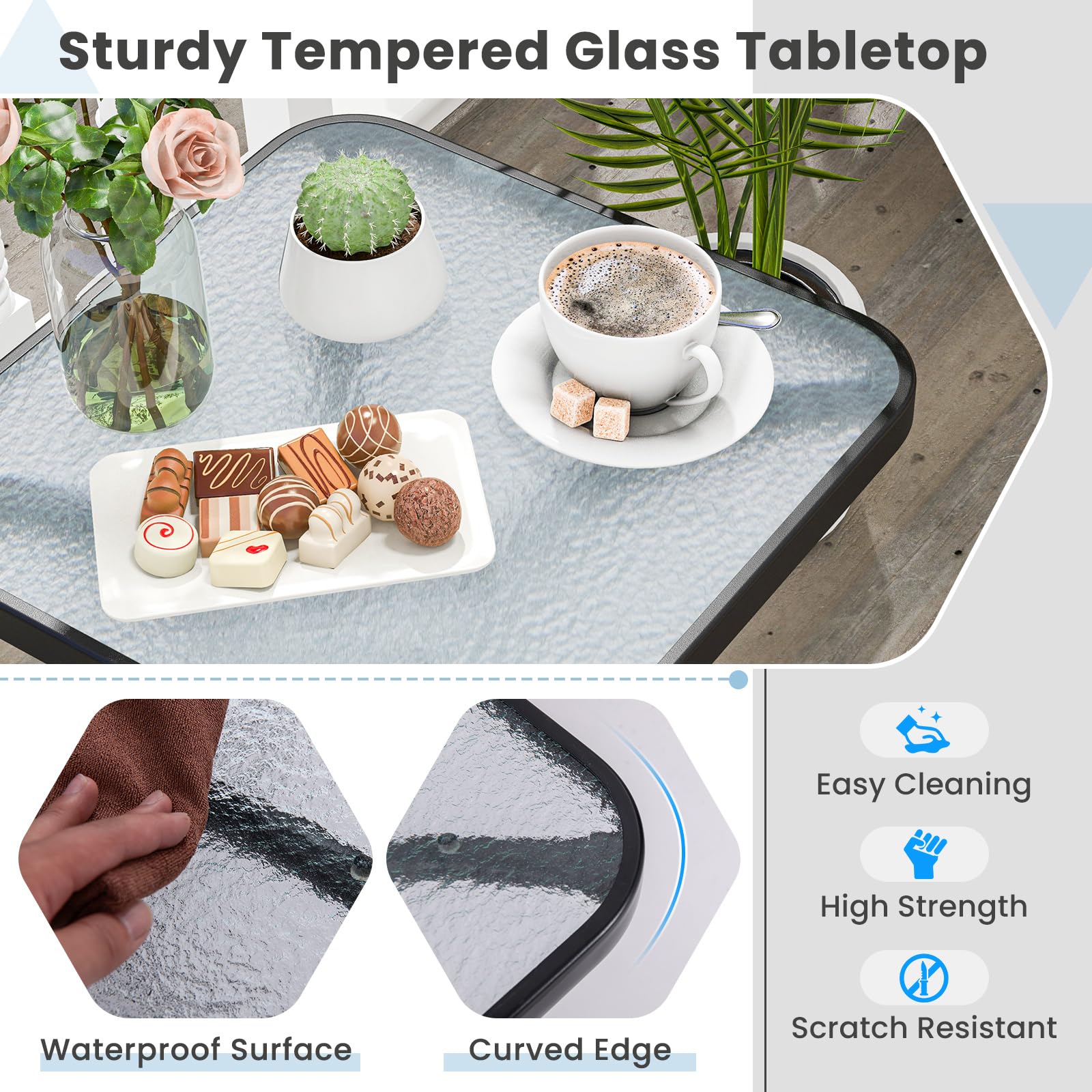Tangkula 20 Inch Outdoor Bistro Table - Steel Frame with Tempered Glass Top - Patio Side Table for Backyard, Garden, Lawn, Balcony - Perfect for Coffee, Drinks & Outdoor Dining (Black)