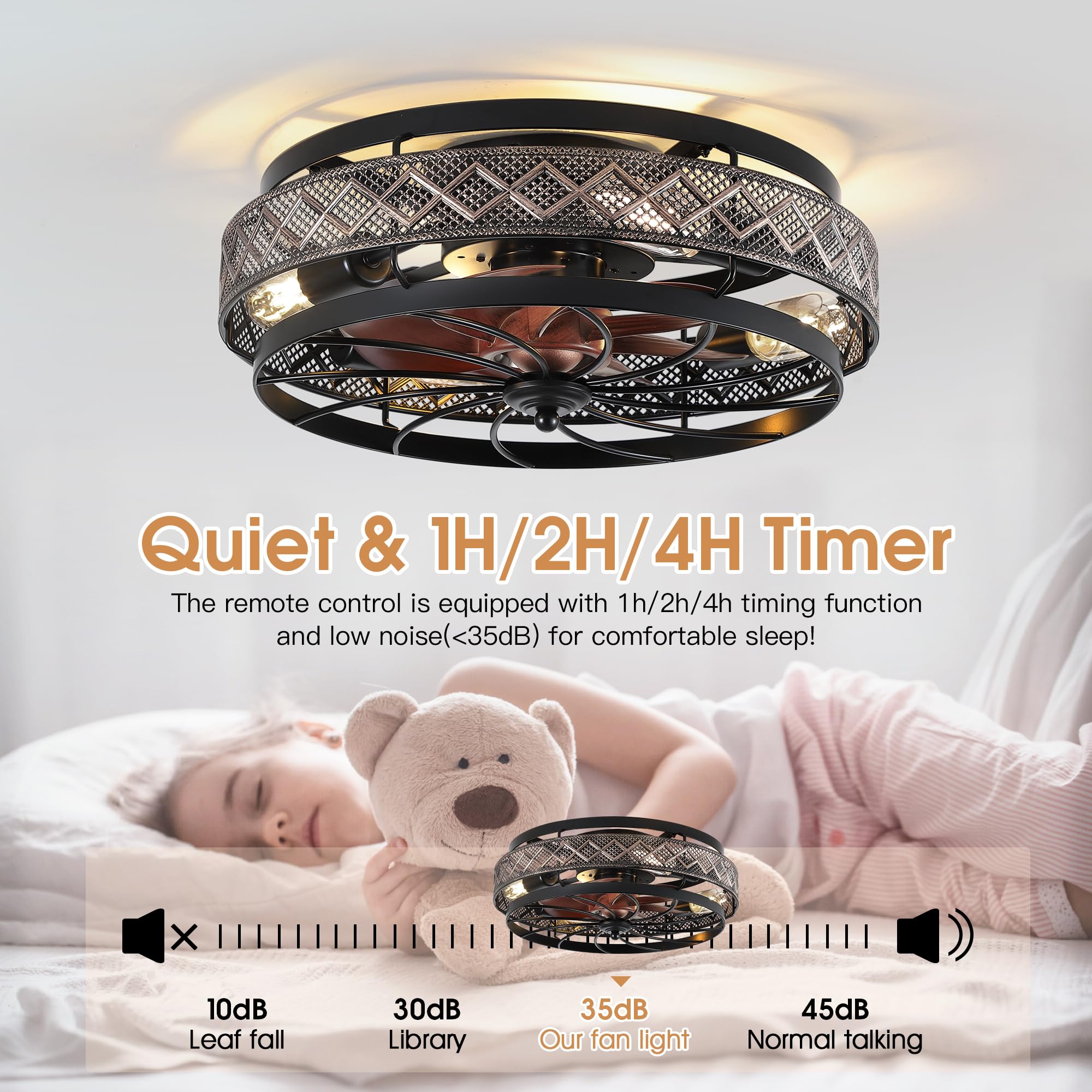 Low Profile Caged Ceiling Fan with Light and Remote Control - Flush Mount Industrial Black Ceiling Fan for Bedroom, Living Room, Office - Small Modern Ceiling Light Fixture with Reversible Blades (Bulbs Not Included) - Perfect for Small Spaces and Low Ceilings