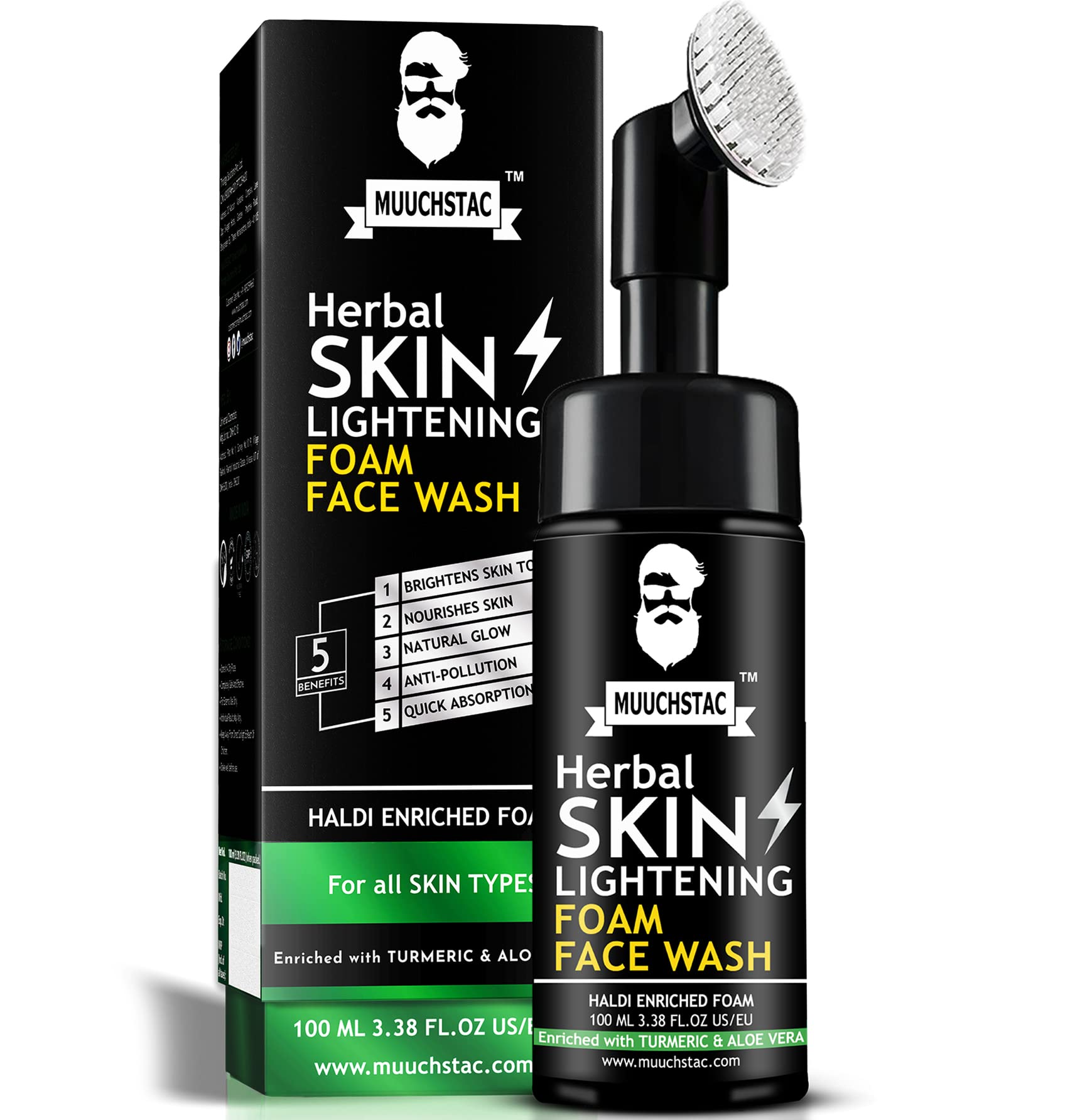 Muuchstac Herbal Skin Lightening Foam Face Wash for Men - Enriched with Turmeric (Haldi) & Aloe Vera Extracts for Brightening & Nourishment - 100ml - Perfect for Daily Skincare Routine & Acne-Prone Skin
