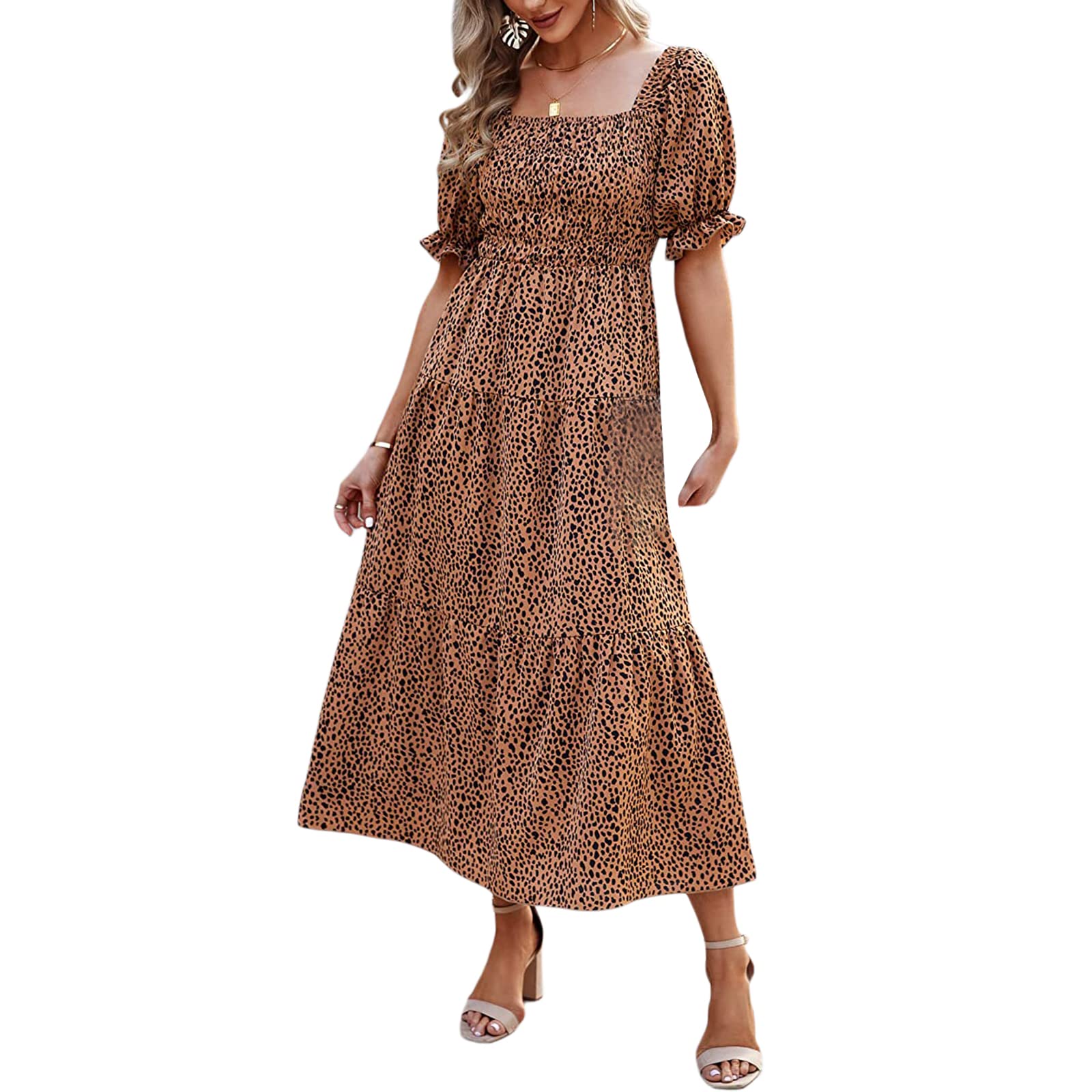 Diconna Women's Bohemian Floral Maxi Dress - Square Neck Short Sleeve Summer Casual Dress for Beach, Vacation & Outdoor Parties