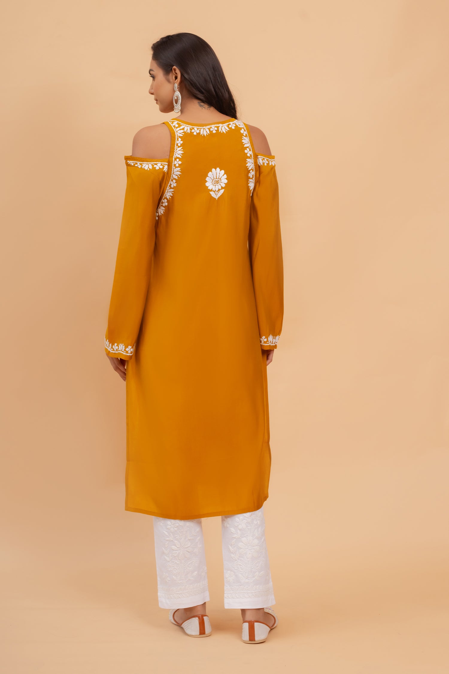 Himani Saba Chikankari Embroidered Long Kurta with Shoulder Cut - Muslin Fabric in Mustard Color - Perfect for Festivals, Weddings & Ethnic Occasions