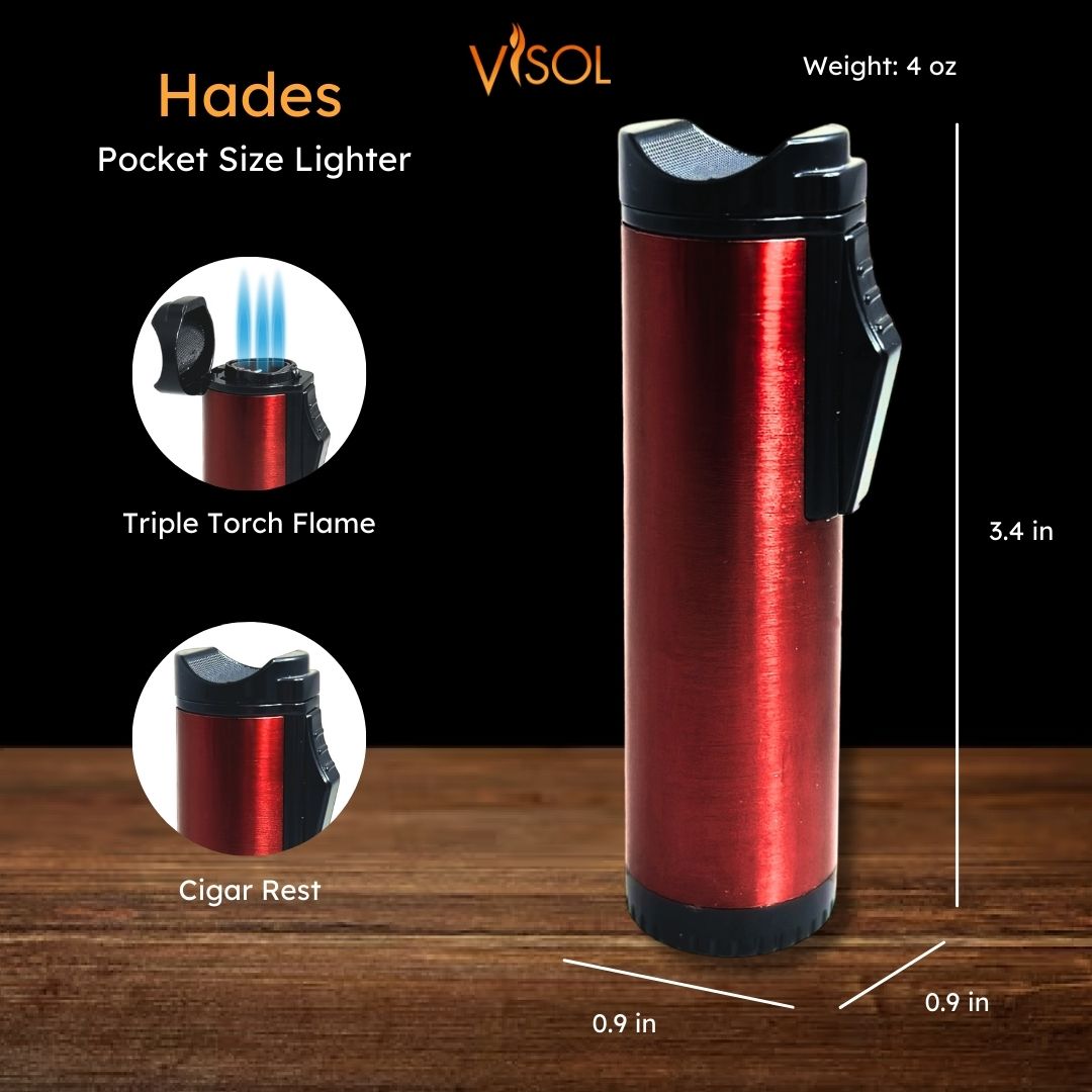 Premium Visol Hades Triple Torch Cigar Lighter - Red Lacquer Finish - Windproof Butane Flame for Cigars, Cigarettes & Outdoor Use - Perfect for Smoking Enthusiasts & Gifts