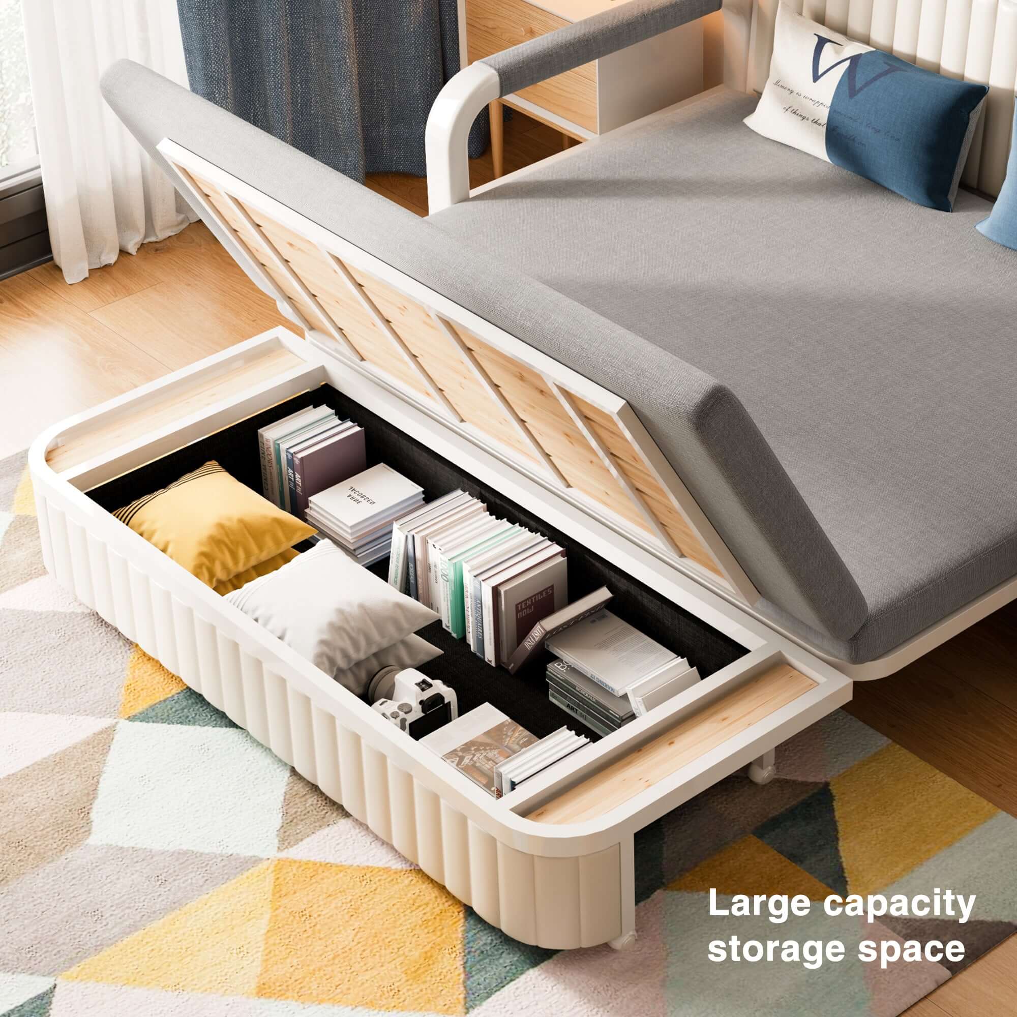 2-Seater Sofa Bed with Storage - Cotton Linen Upholstered Convertible Sleeper with Square Arms - Perfect for Small Apartments & Guest Rooms