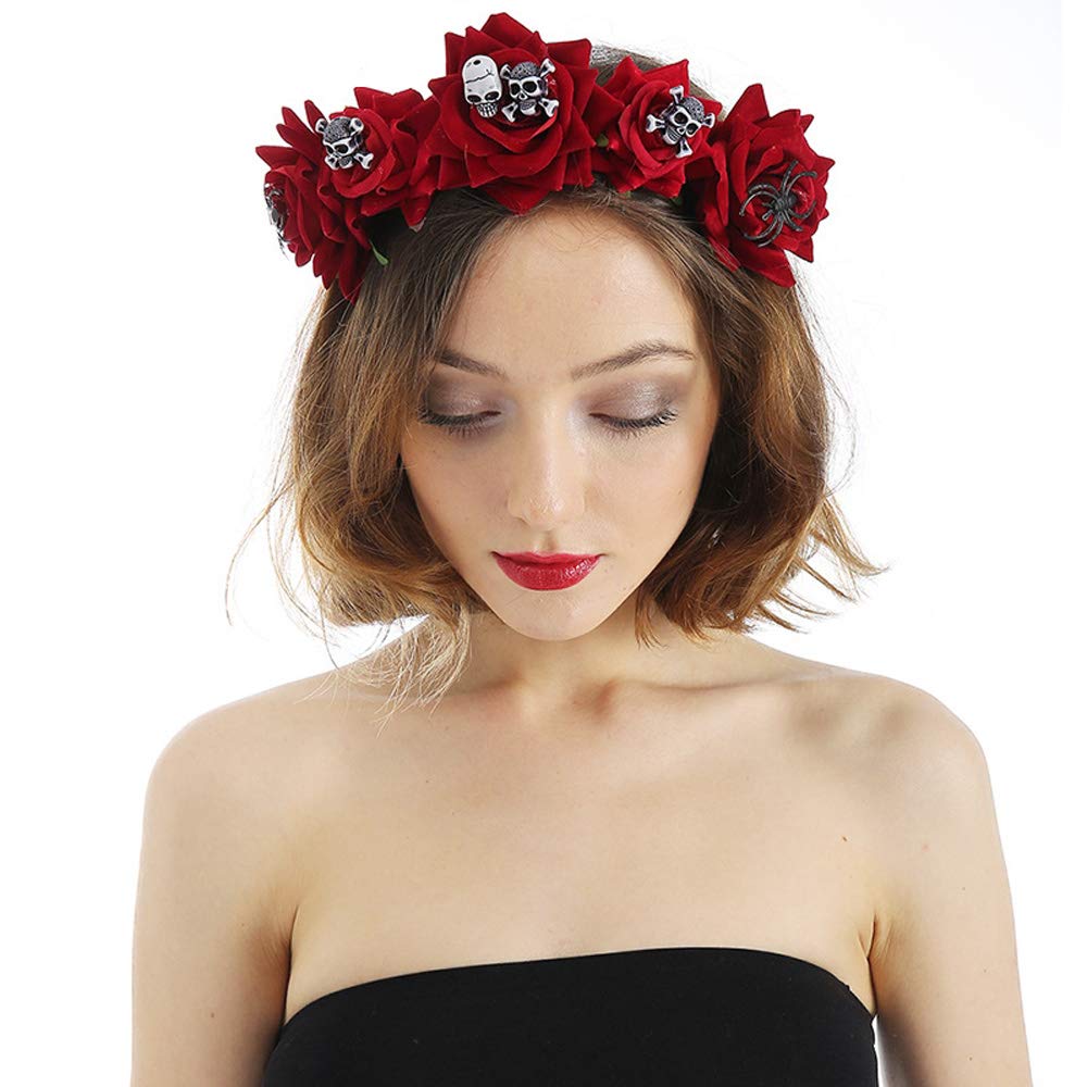 ITODA Red Flower Skull Headband - Gothic Halloween Spider Crown Tiara for Day of the Dead (Día de Muertos) Costume, Cosplay & Mardi Gras Festival | Perfect for Mexican Themed Parties, Gothic Weddings & Halloween Costume Contests