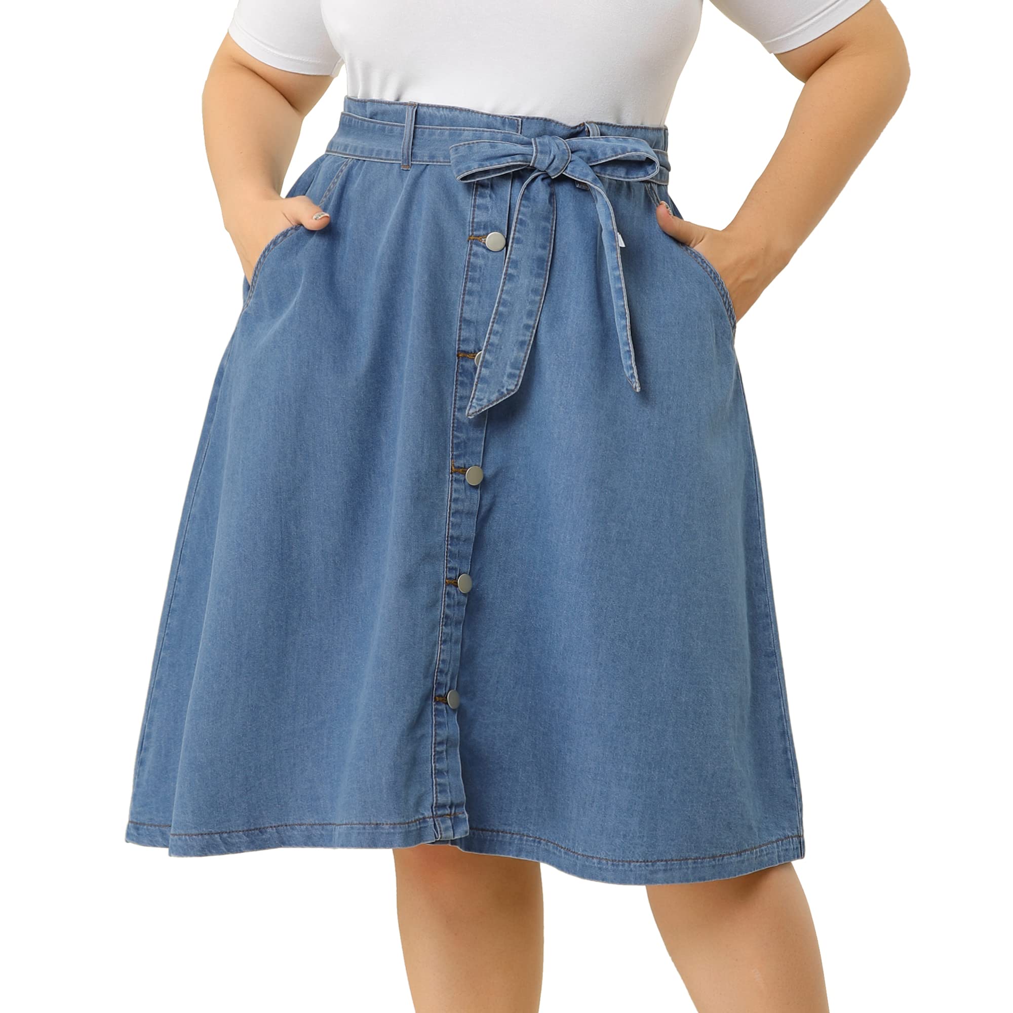 Agnes Orinda Plus Size Women's Denim Skirts - Tie Waist A-Line Midi Skirt with Pockets | Stretch Comfortable Summer Jeans Skirt for Casual Wear, Office & Date Outfits