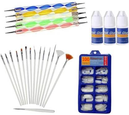 100 Pcs White Reusable Artificial Nails with 15 Pcs Nail Brush Set, 5 Pcs Nail Art Dotting Tools & 3 Pcs Nail Glue - Perfect for DIY Manicure, Nail Art Design & Salon Professional Use