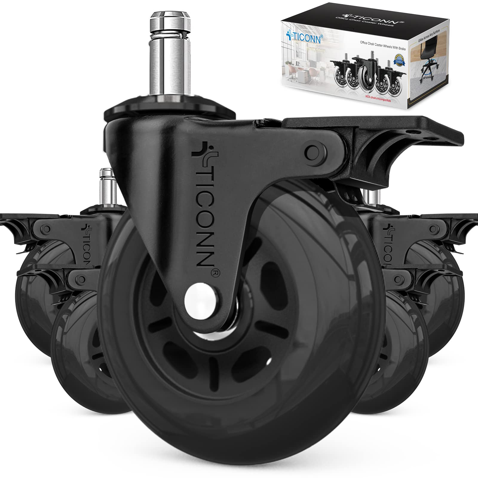 TICONN 5-Pack Office Chair Caster Wheels - Universal Fit for Most Chairs, Smooth Rolling on Tile, Hardwood Floors & Carpets (Black with Brake) - Perfect for Home Office, Gaming & Conference Rooms