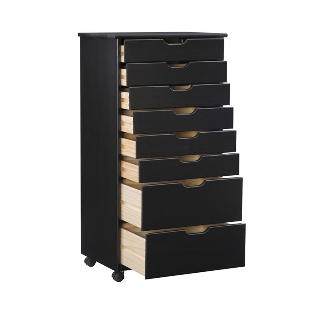 8-Drawer Black Wooden Rolling Storage Cart - Mobile Organizer for Bedroom, Office, or Craft Room - Transitional Style with Smooth Wheels