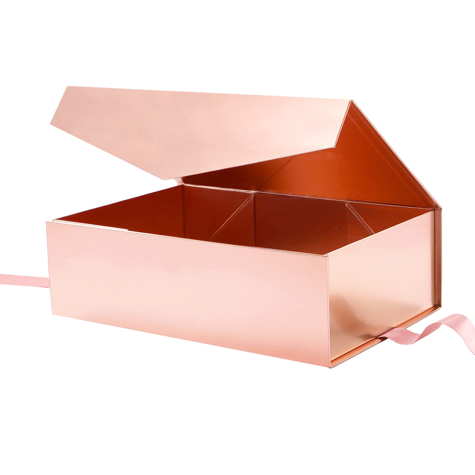 ROSEGLD 13.5x9x4.1 Inches Large Collapsible Gift Box with Ribbon & Magnetic Lid - Elegant Bridesmaid Proposal Box, Wedding Party Favors, Birthday & Anniversary Present Box (Glossy Rose Gold) - Perfect for Jewelry, Cosmetics & Luxury Gifts Packaging