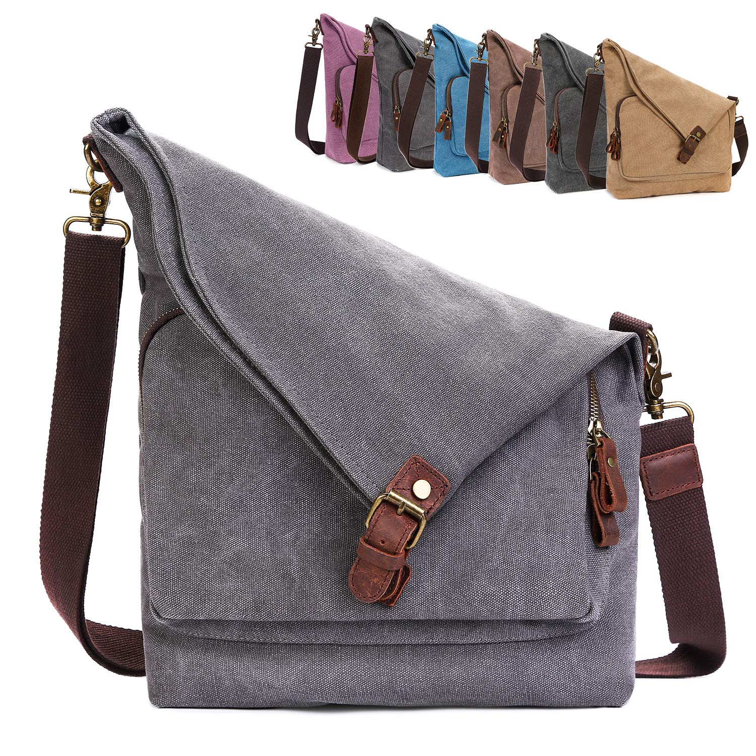 AmHoo Women's Genuine Leather Crossbody Bag - Stylish Canvas Messenger Purse & Shoulder Bag for Daily Use, Work, Travel and Shopping