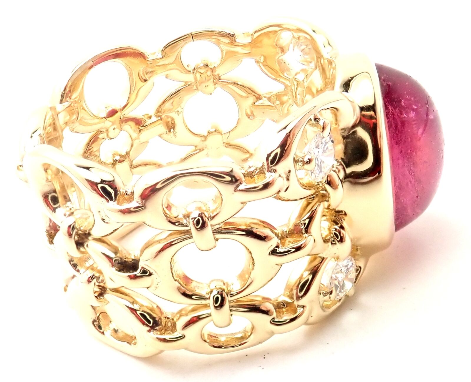 Authentic Christian Dior 18K Yellow Gold Diamond Pink Tourmaline Band Ring for Women - Luxury Fashion Jewelry Gift for Anniversary, Valentine's Day & Special Occasions