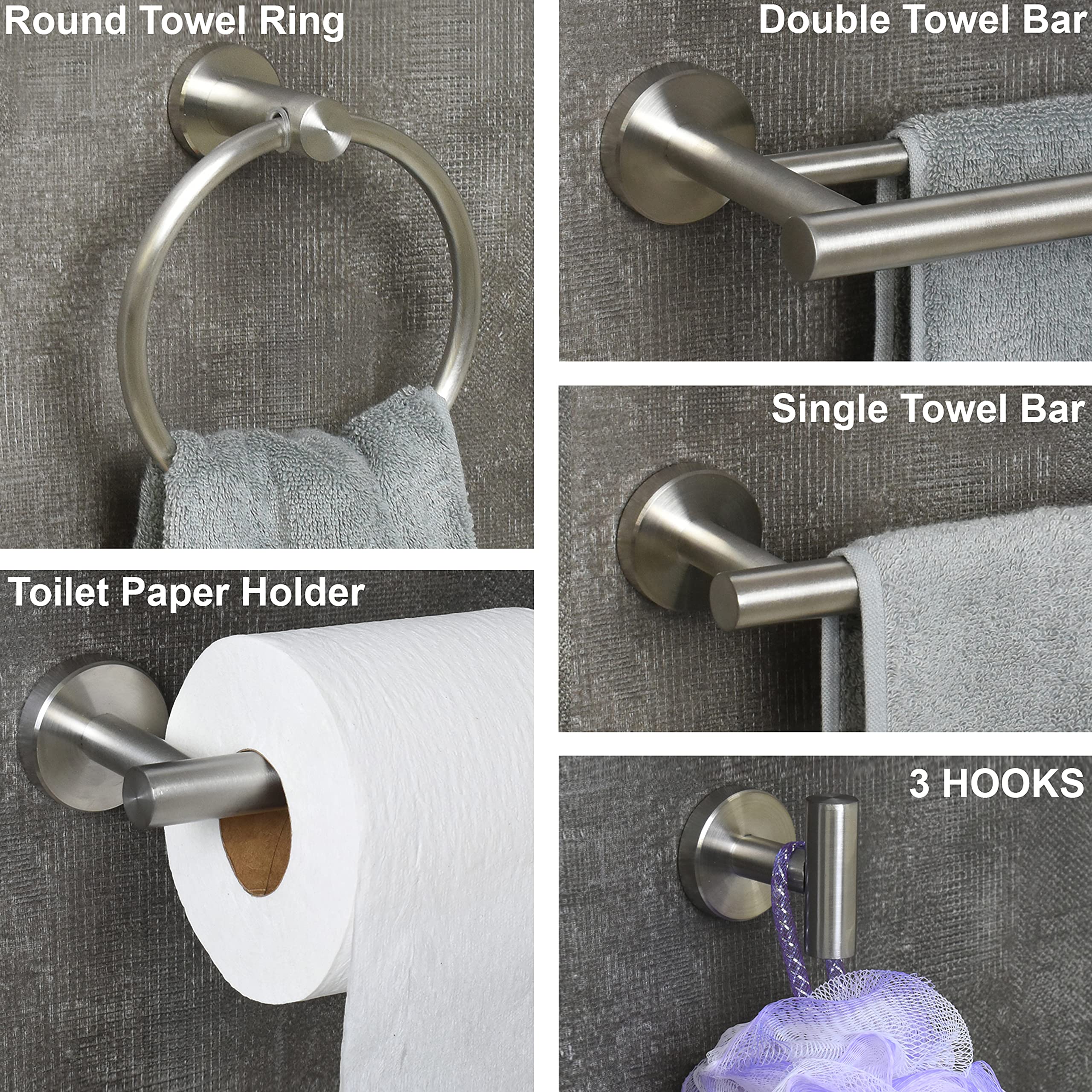 7-Piece Bathroom Hardware Set - Brushed Nickel Wall Mounted Towel Bar & Rack Set with Hooks | Bathroom Accessories for Modern Home Decor | Perfect for Showers, Bathtubs & Spa-Style Bathrooms
