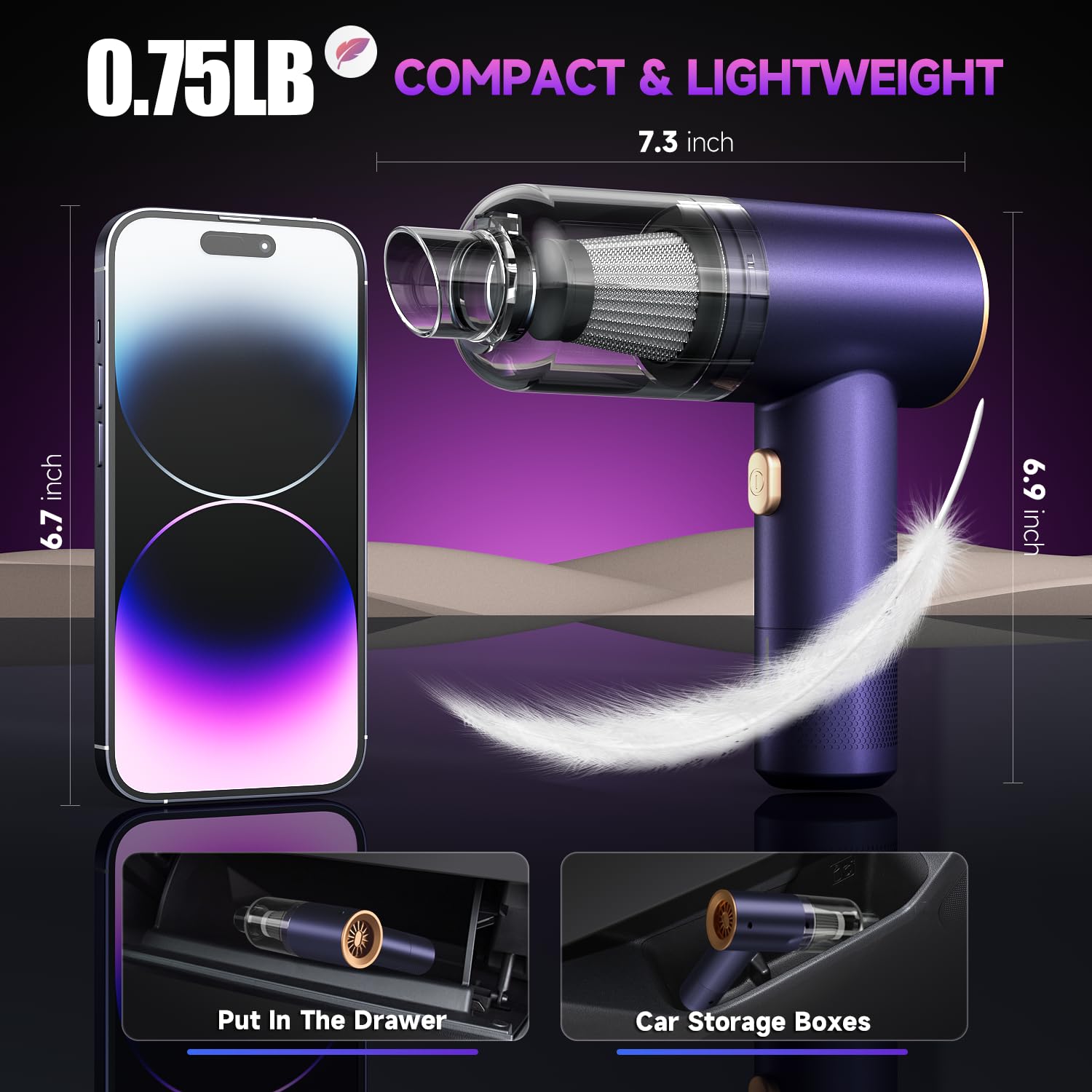 16000PA Cordless Handheld Vacuum Cleaner - 4-in-1 Portable Rechargeable Vacuum with Air Duster, Blower & Pump - Lightweight Mini Vac for Car, Home, Office & Pet Hair Cleaning - Perfect for Car Detailing, House Cleaning & Pet Grooming (Purple)