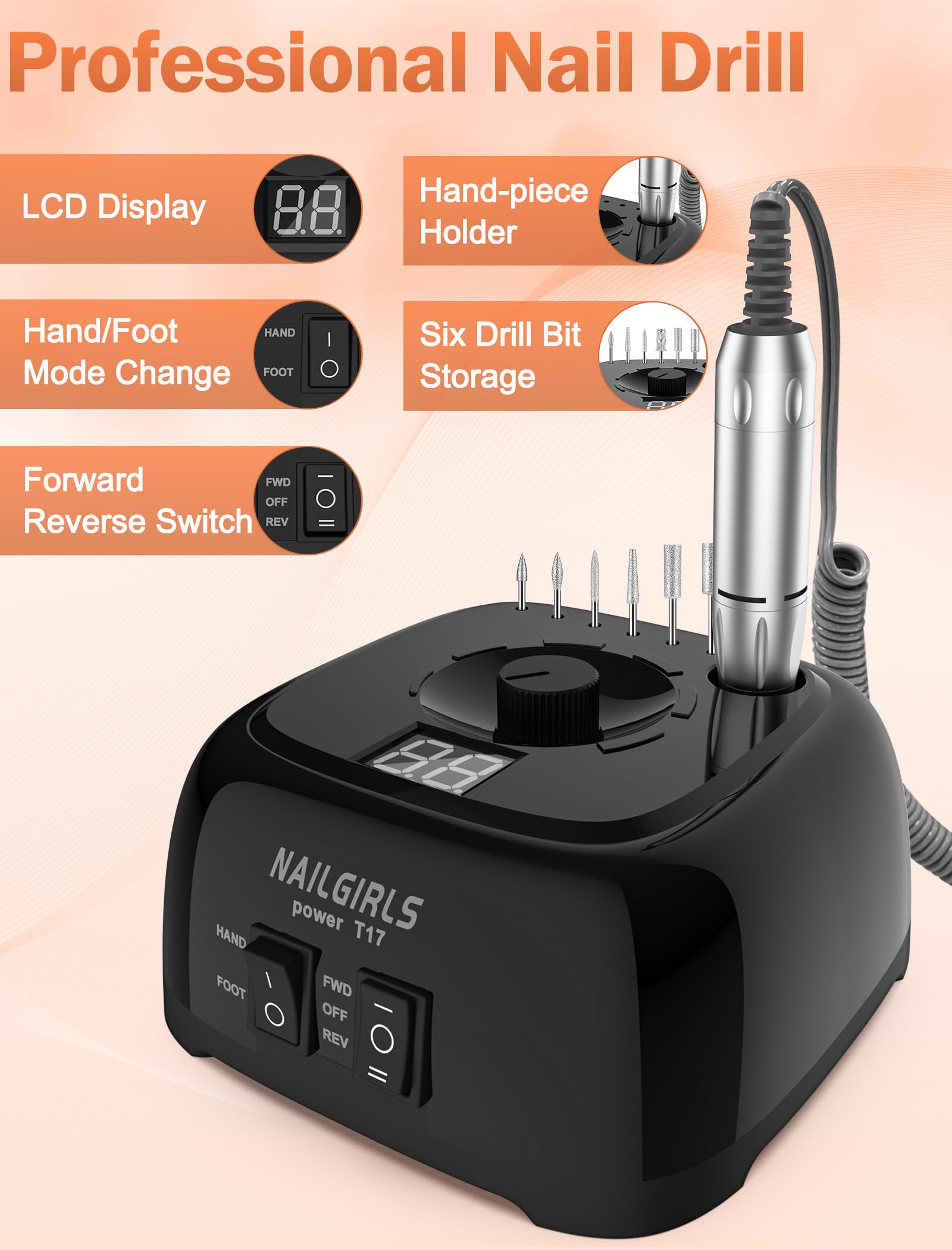 NAILGIRLS 35000RPM Professional Nail Drill Machine with LED Speed Display - Electric Nail File Kit for Acrylic & Gel Nails, Polishing & Shaping (Black) | Perfect for Salon & Home Manicure/Pedicure