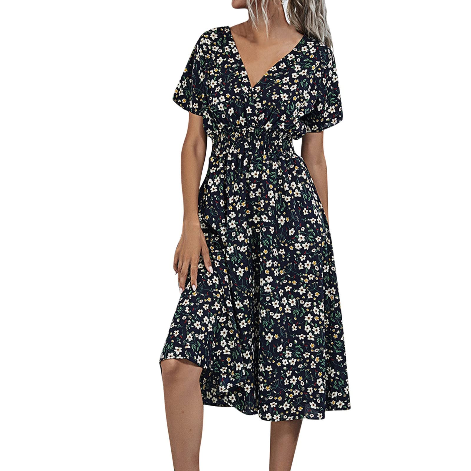 Elegant Floral Print V-Neck A-Line Dress for Women - Casual Sexy Short Sleeve Swing Dress with Beach Skirt & Long Robe - Perfect for Summer Outings, Beach Vacations, and Evening Parties