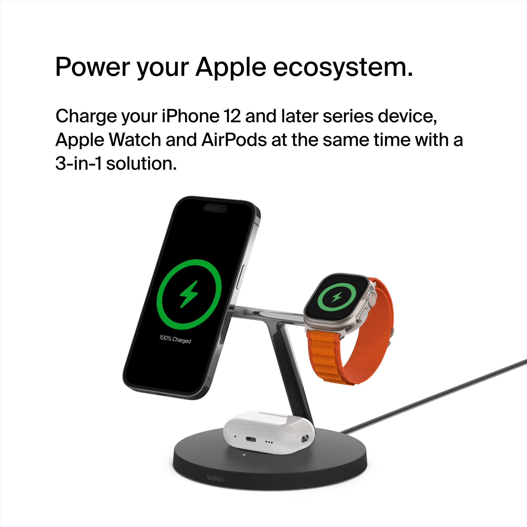 Belkin MagSafe 3-in-1 Wireless Charging Station - 15W Fast Charger for iPhone 16/15/14/13/12 Series, Apple Watch 10/9/8/SE/Ultra & AirPods - Black | Perfect for Bedside, Office Desk & Travel Charging
