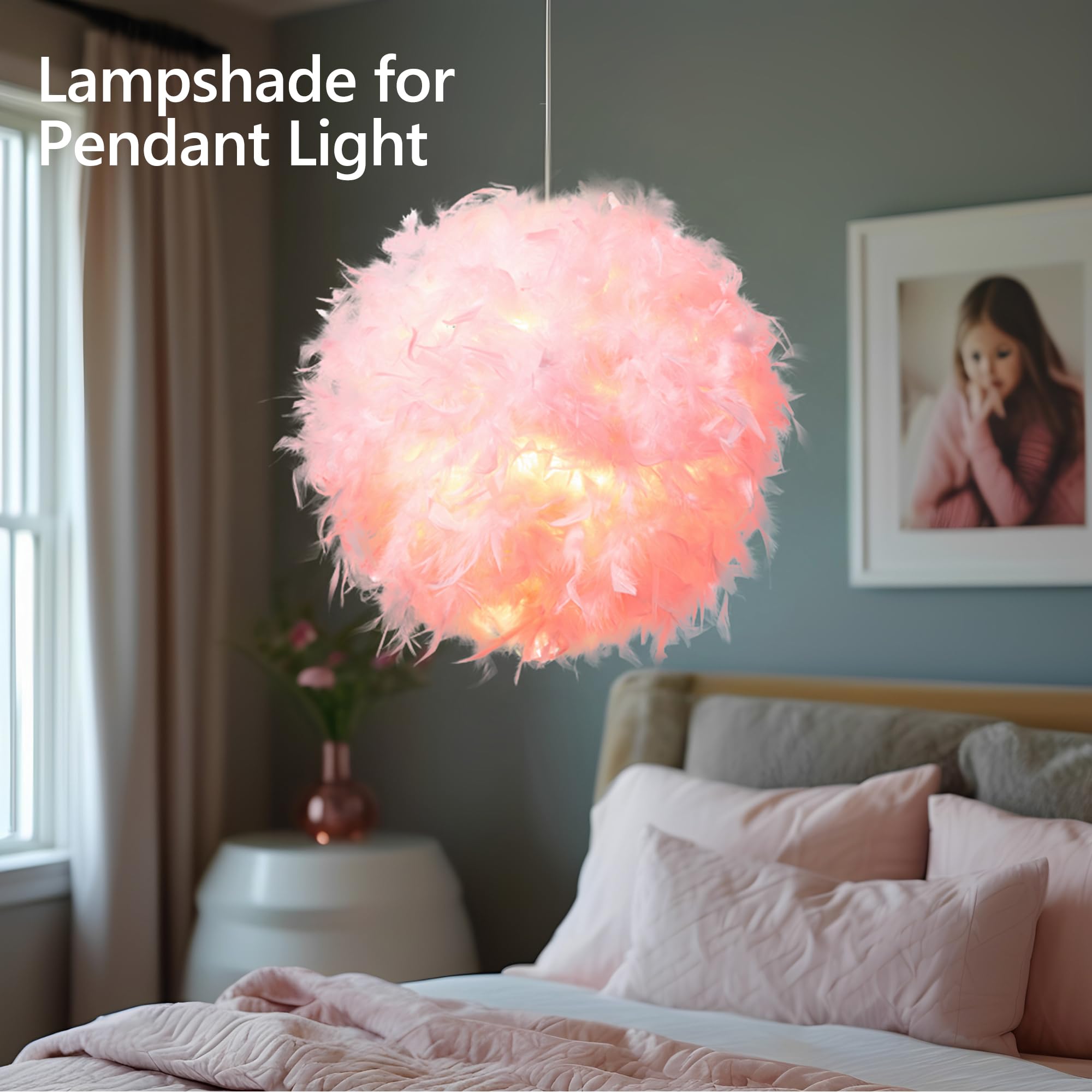 Waneway 19.7 Inch Pink Feather Lamp Shade - Ceiling Pendant Light Cover, Table & Floor Lampshade for Living Room, Bedroom, Wedding & Party Decorations | Soft Lighting for Cozy Ambiance & Romantic Events