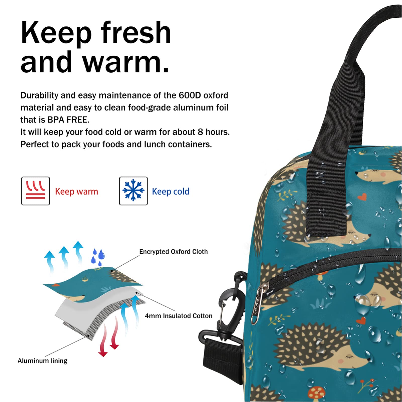 Leakproof Hedgehog Insulated Lunch Bag with Front Pocket & Shoulder Strap - Water-resistant Thermal Cooler Tote for Picnic, Hiking, Beach, Work - Cute Animal Lunch Box for Adults & Kids