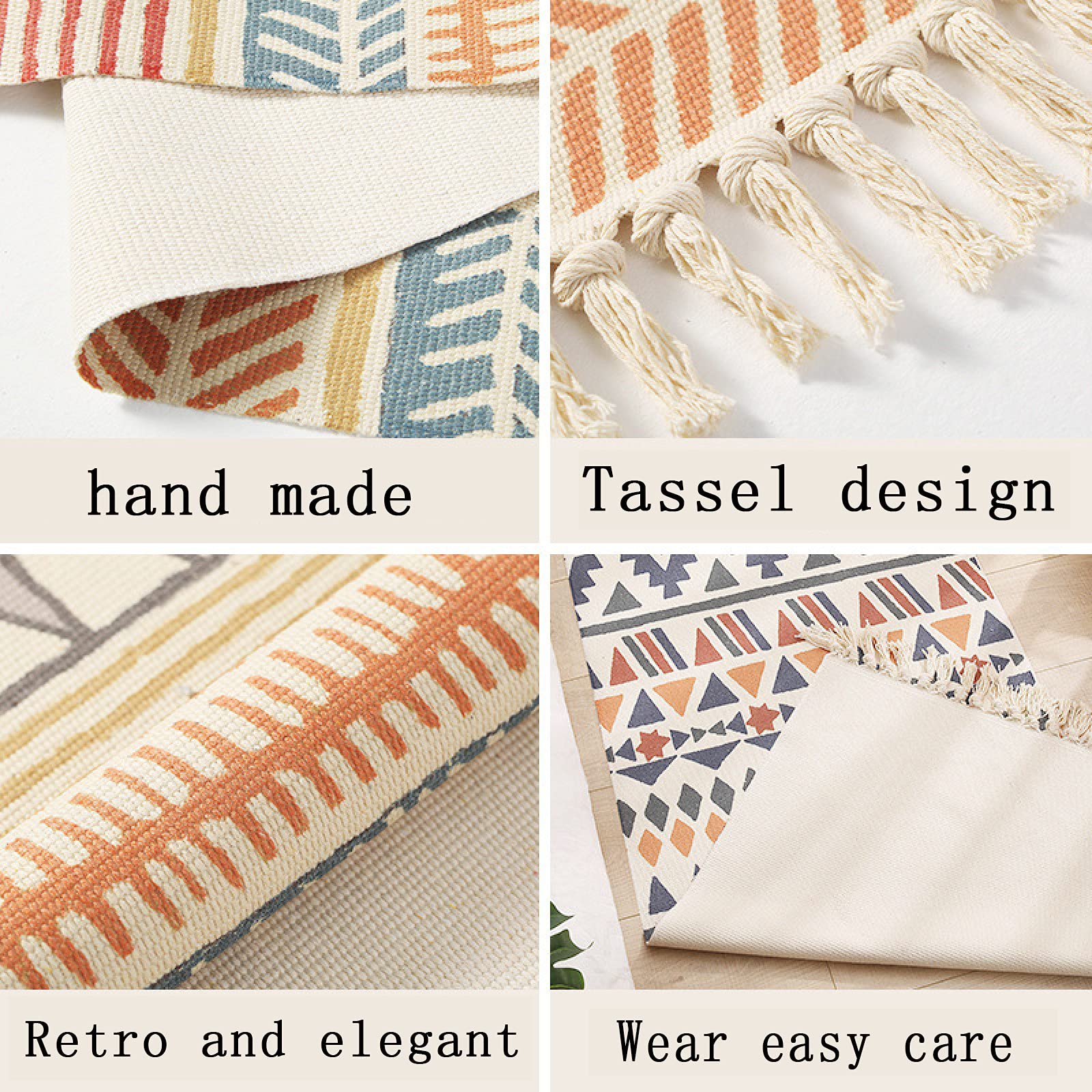 Bohemian Cotton Area Rug - Hand Woven Reversible Floor Mat with Tassels, 24x35 Inch, for Bathroom Bedroom Living Room Laundry Room | Soft Indoor Decor Rug for Boho Home & Apartment