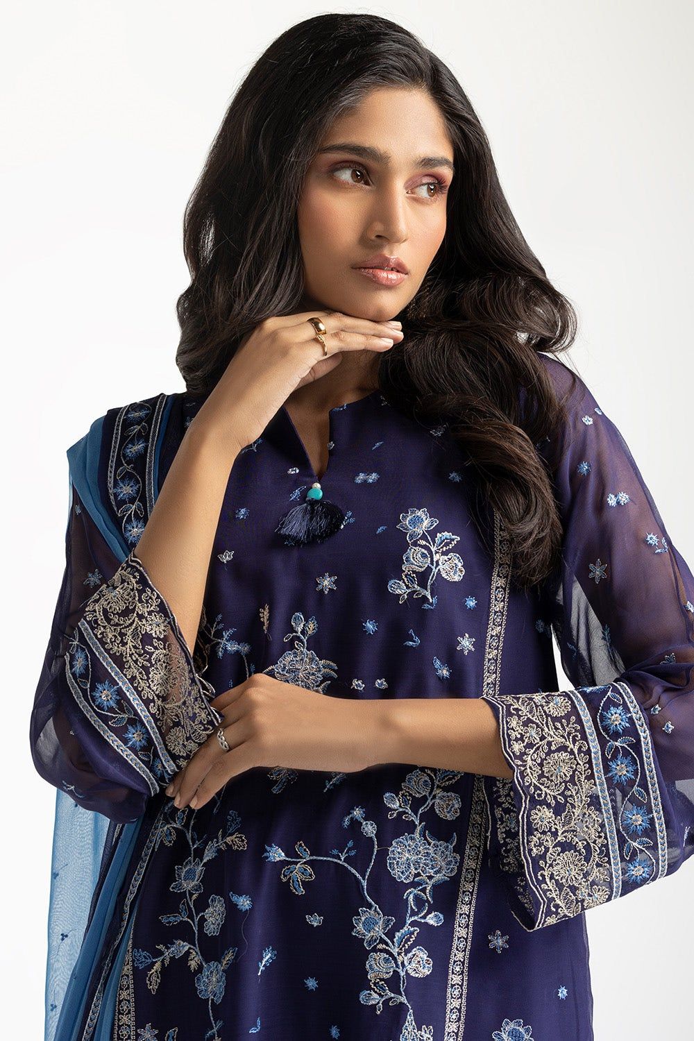 Gul Ahmed Navy Blue Embroidered Chiffon Stitched Suit for Women - Elegant Party Wear & Formal Occasions